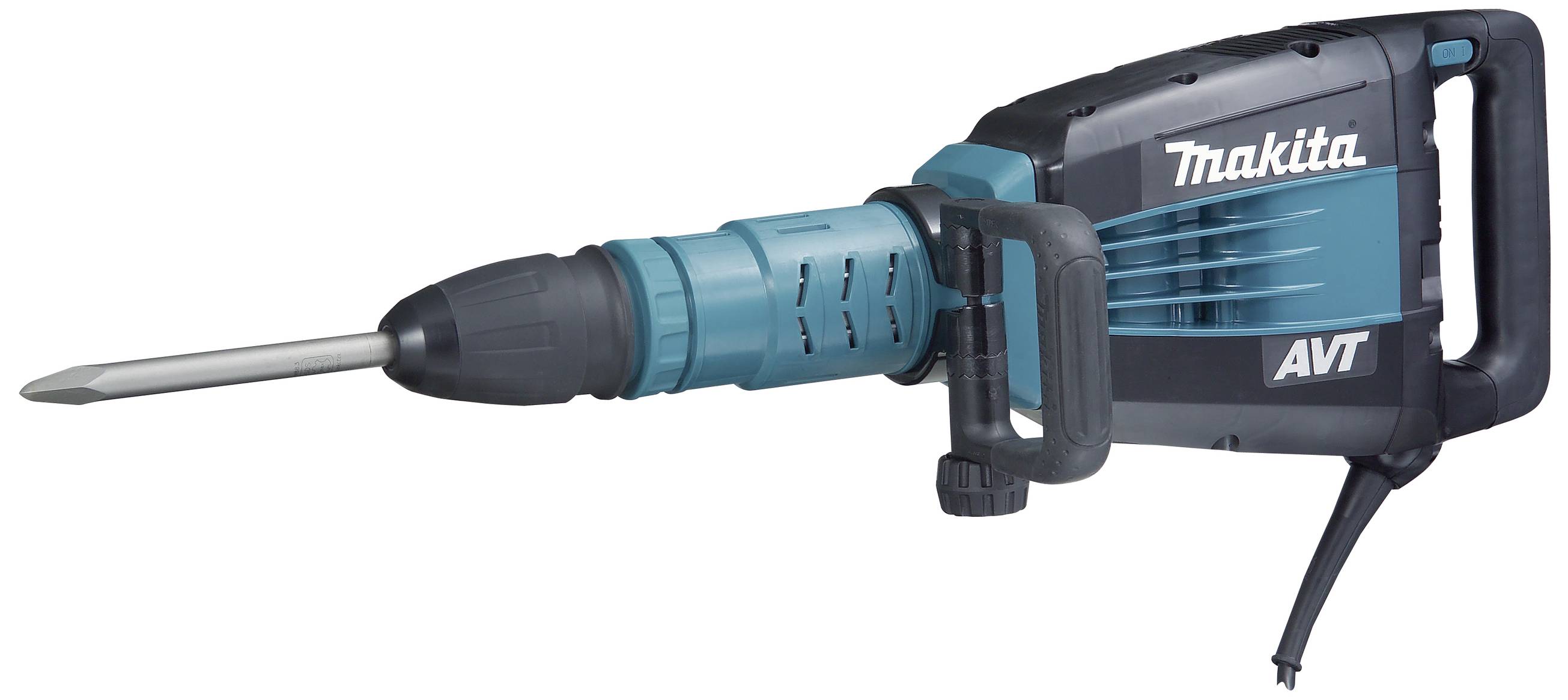 Elektrohammer in Blau und Schwarz mit Meißel, geeignet für schwere Abbrucharbeiten. Markierung 'Makita AVT' auf der Seite.