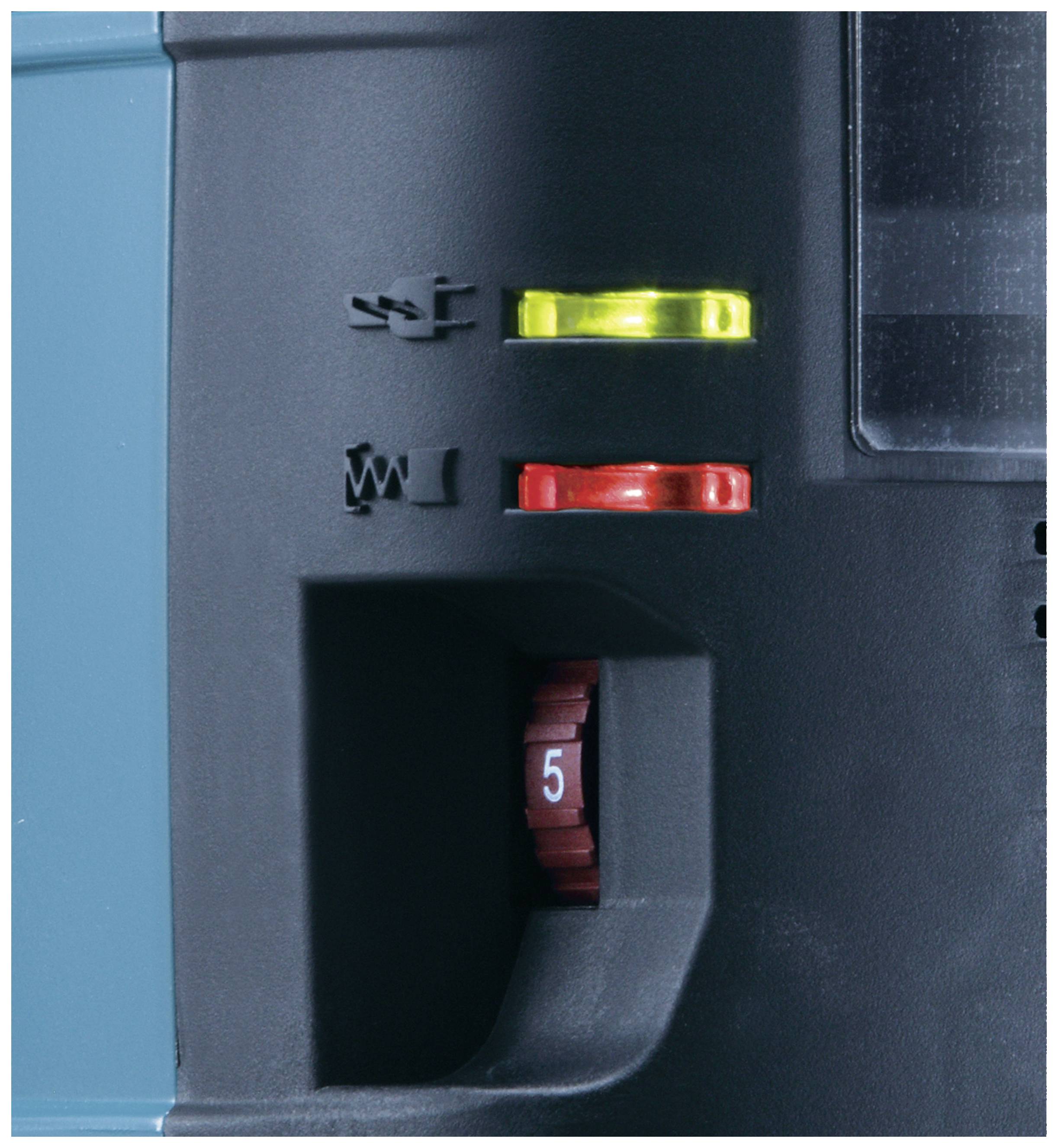 Nahaufnahme eines Geräts mit einem gelben leuchtenden und einem roten leuchtenden Indikator sowie einem Drehregler auf Position 5.