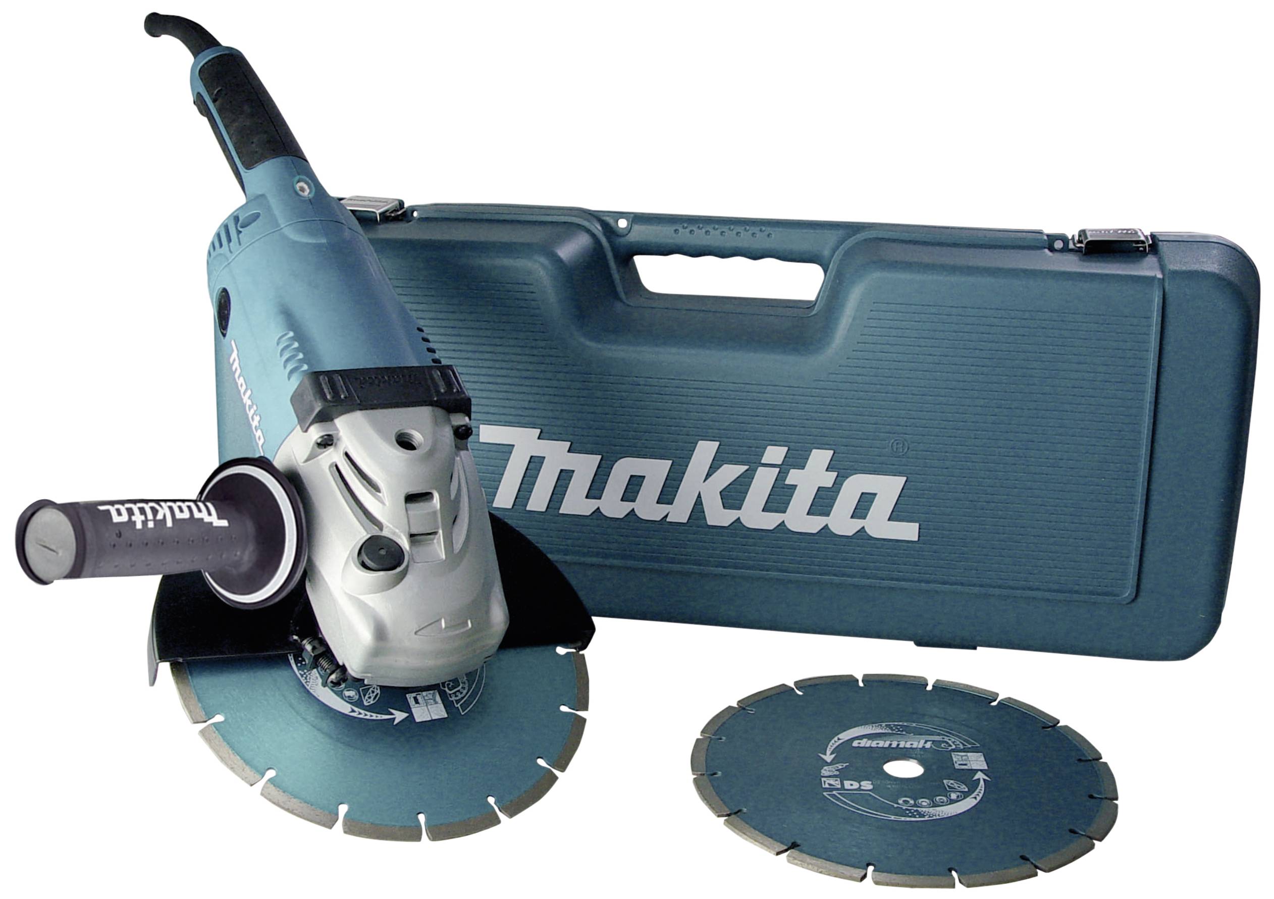 Ein tragbarer, blauer Winkelschleifer mit silbernem Kopf, daneben ein weiterer Schleifscheibe und ein Koffer mit der Aufschrift 'Makita'.