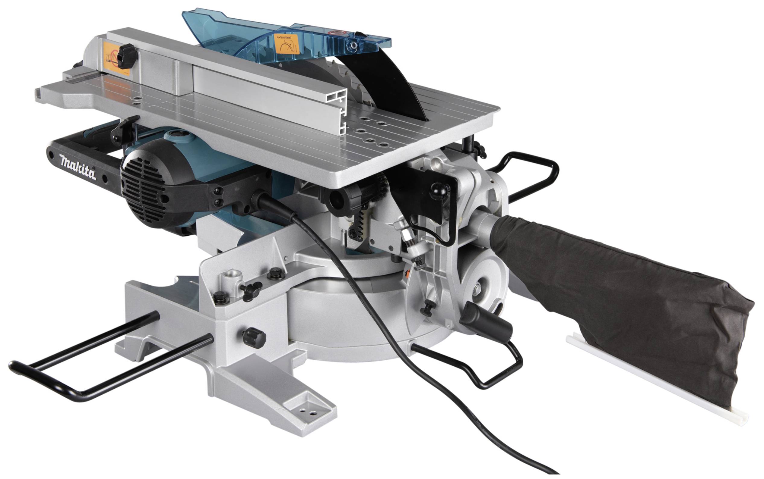 Sägenmaschine mit Tisch, Gehrungseinstellung und Staubsack, geeignet zum präzisen Schneiden von Holzmaterialien.