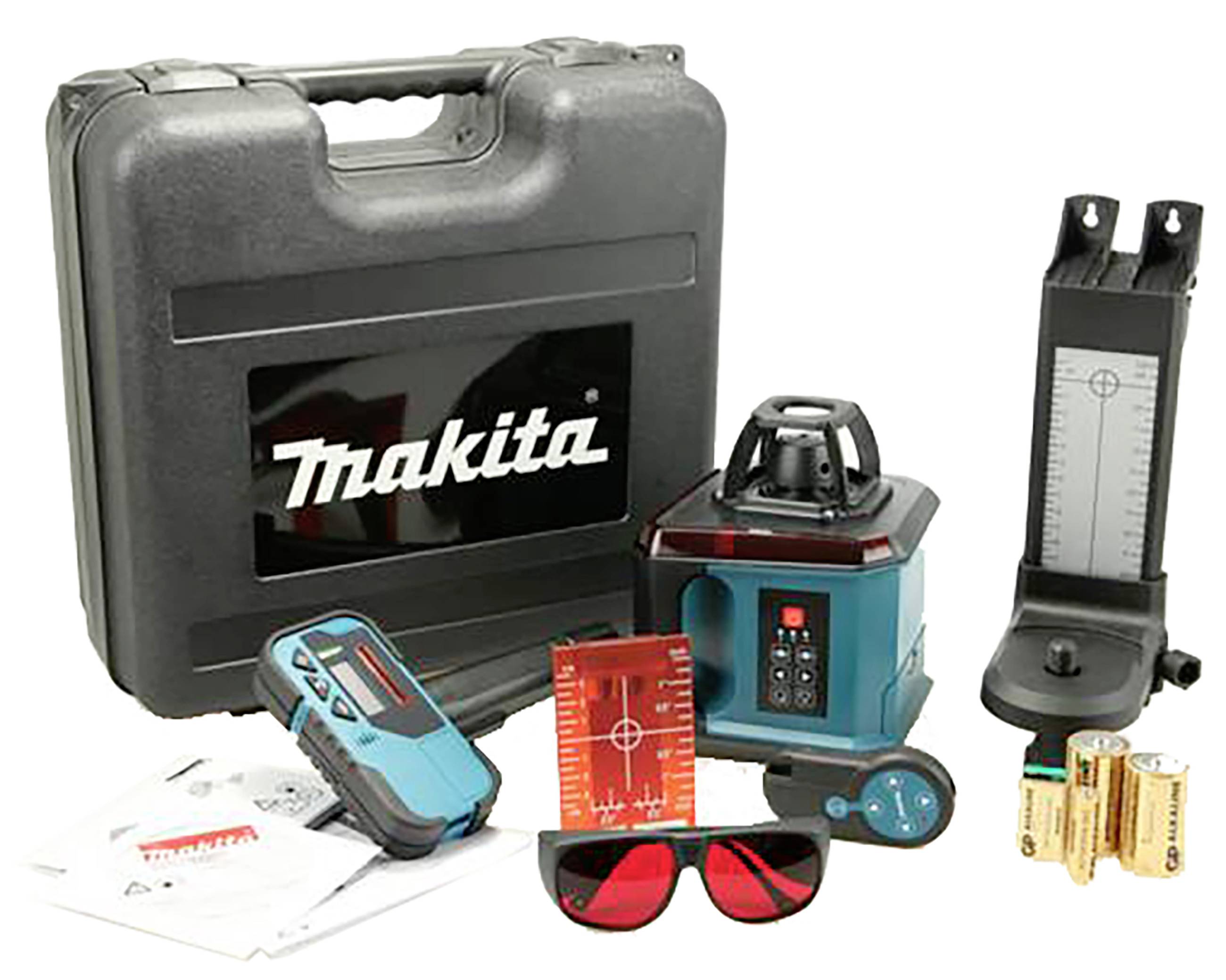 Ein Lasermessgerät-Set mit Koffer, digitalem Empfänger, Zielpfleil, Halterung, Batterien und Schutzbrille.