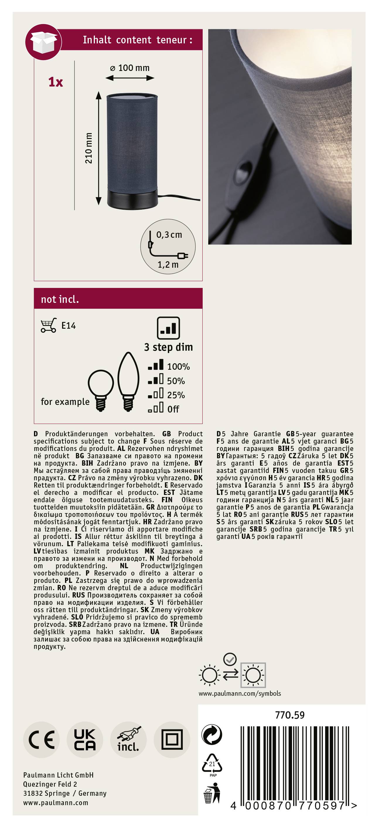 Paulmann 77059 Tischlampe E14 Schwarz (matt)