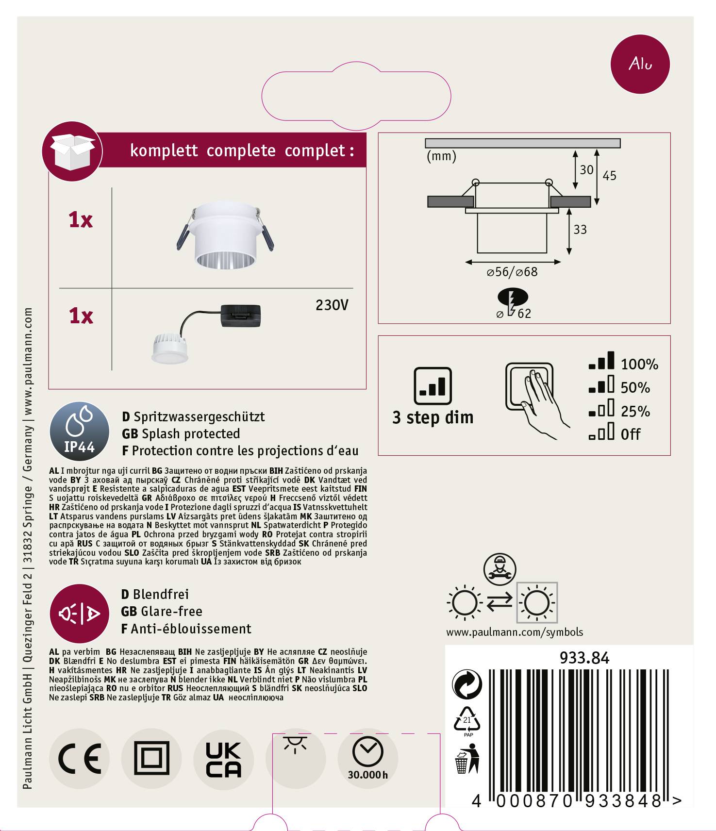 Verpackungsrückseite einer LED-Leuchte: Enthält Schutzklasse IP44, blendfreies Licht, einfache Installation in 3 Schritten.