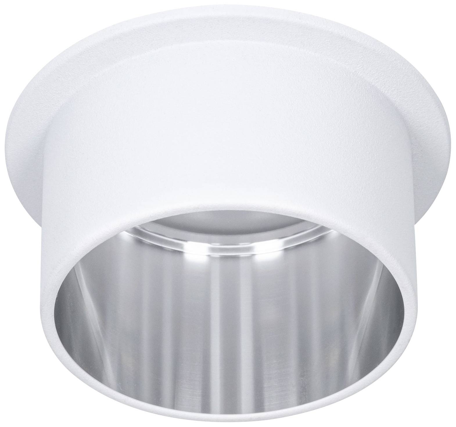 Eine weiße zylindrische LED-Deckenleuchte mit metallisch glänzendem Innenreflektor. Ideal für moderne Inneneinrichtung.