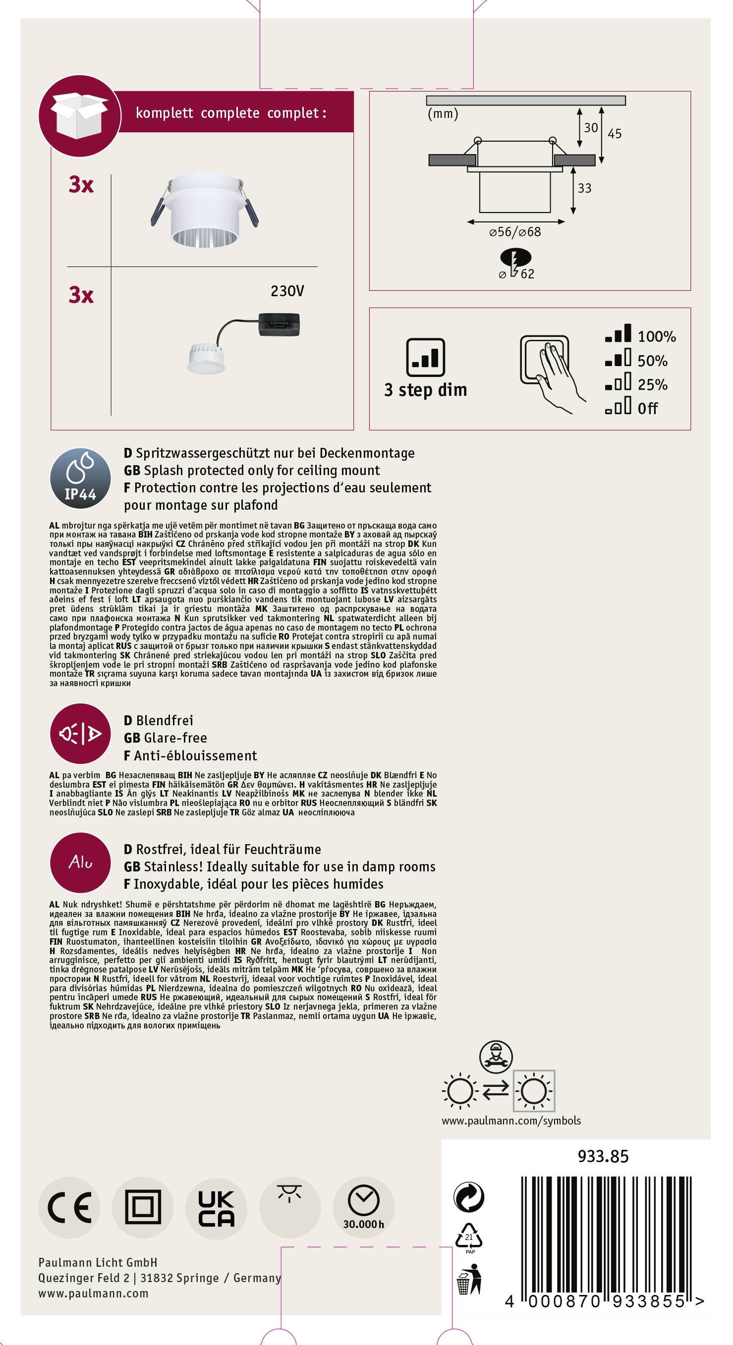 Paulmann 93385 LED-Einbauleuchte LED LED fest eingebaut 19.5W Weiß, Eisen