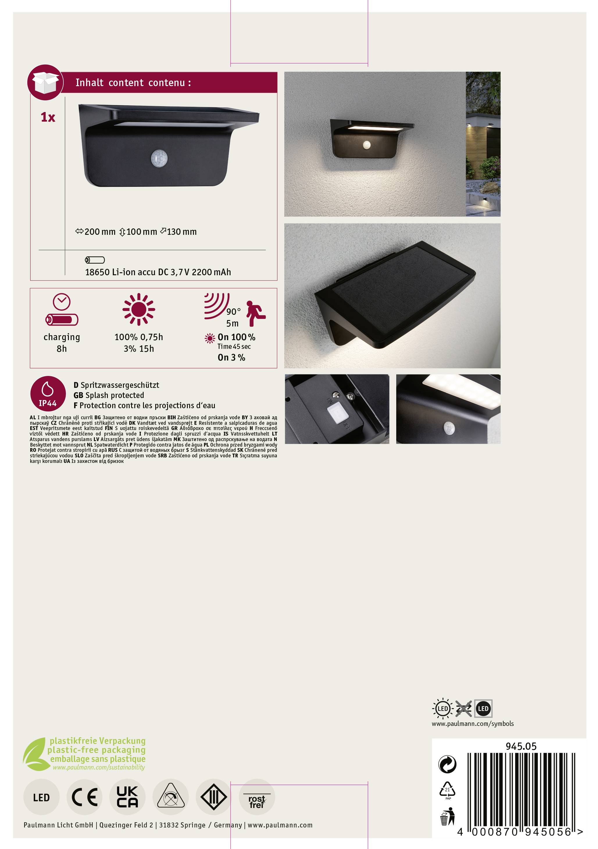 Paulmann 94505 Cyrus Solar-Außenwandleuchte Warmweiß Anthrazit