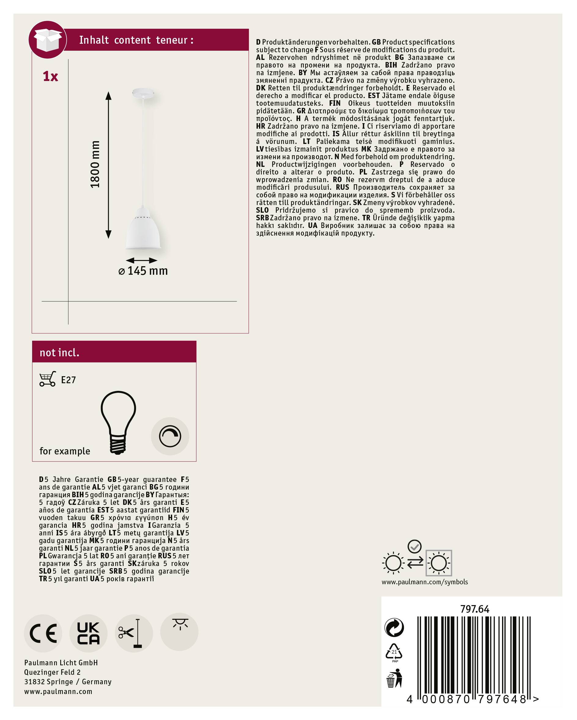 Paulmann 79764 Pendelleuchte E27 Weiß