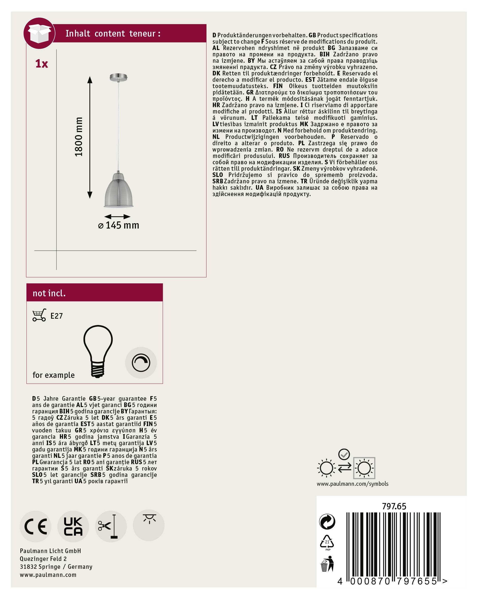 Paulmann 79765 Pendelleuchte E27