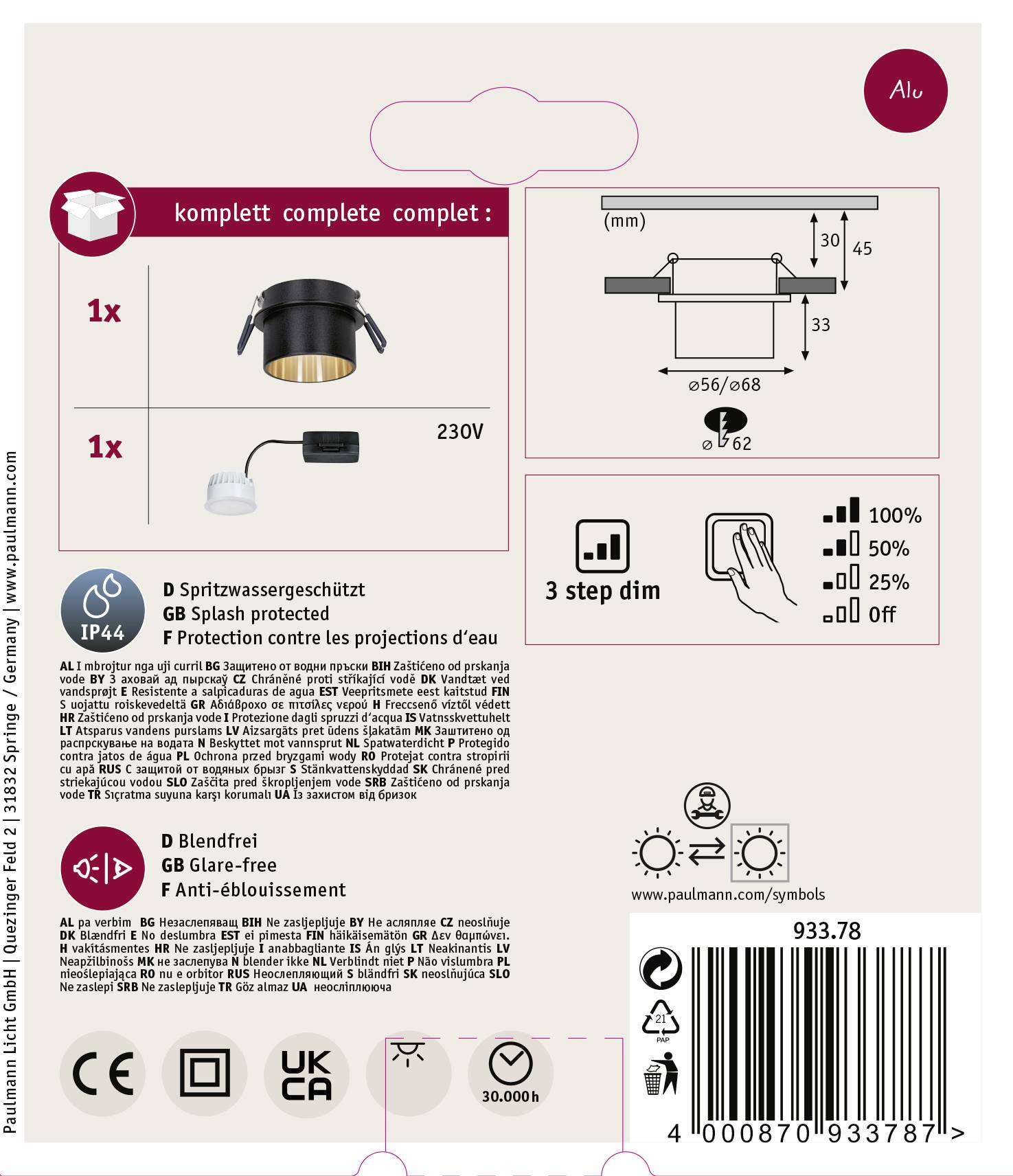 Paulmann 93378 LED-Einbauleuchte LED LED fest eingebaut 6W Schwarz (matt), Gold