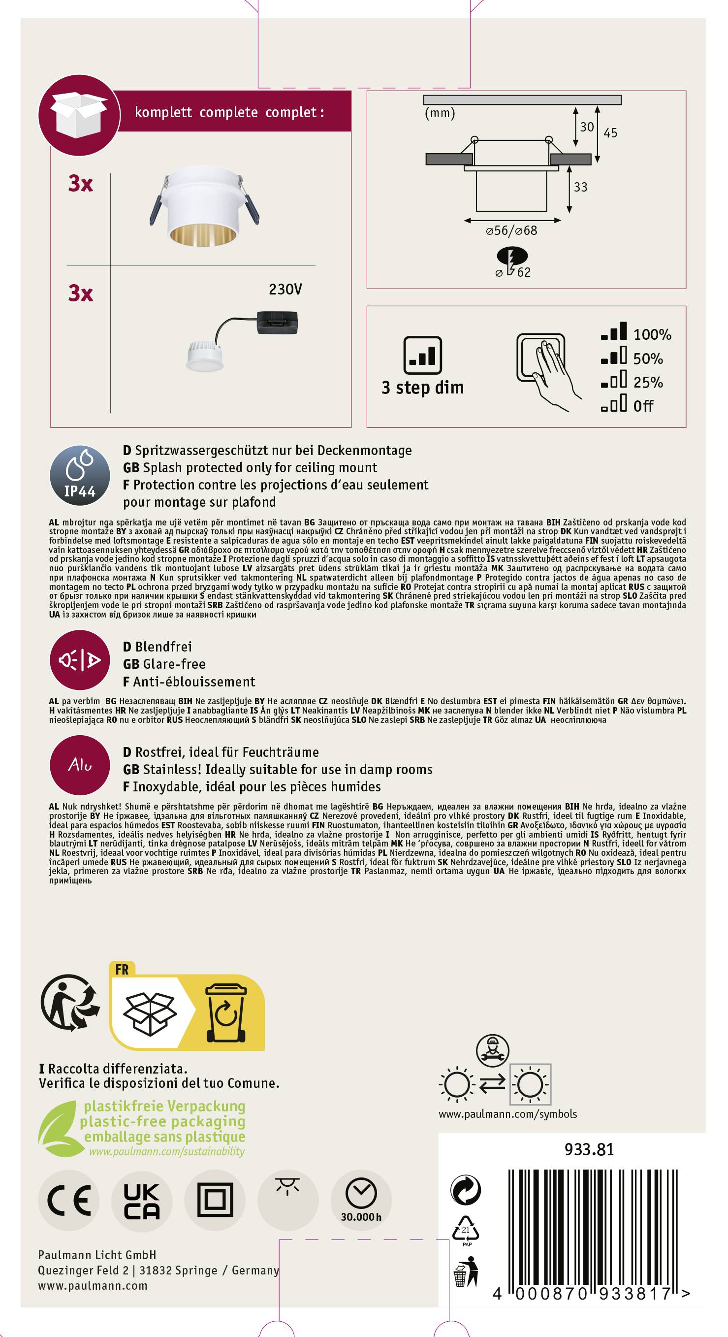 Paulmann 93381 LED-Einbauleuchte LED LED fest eingebaut 19.5W Weiß (matt), Gold