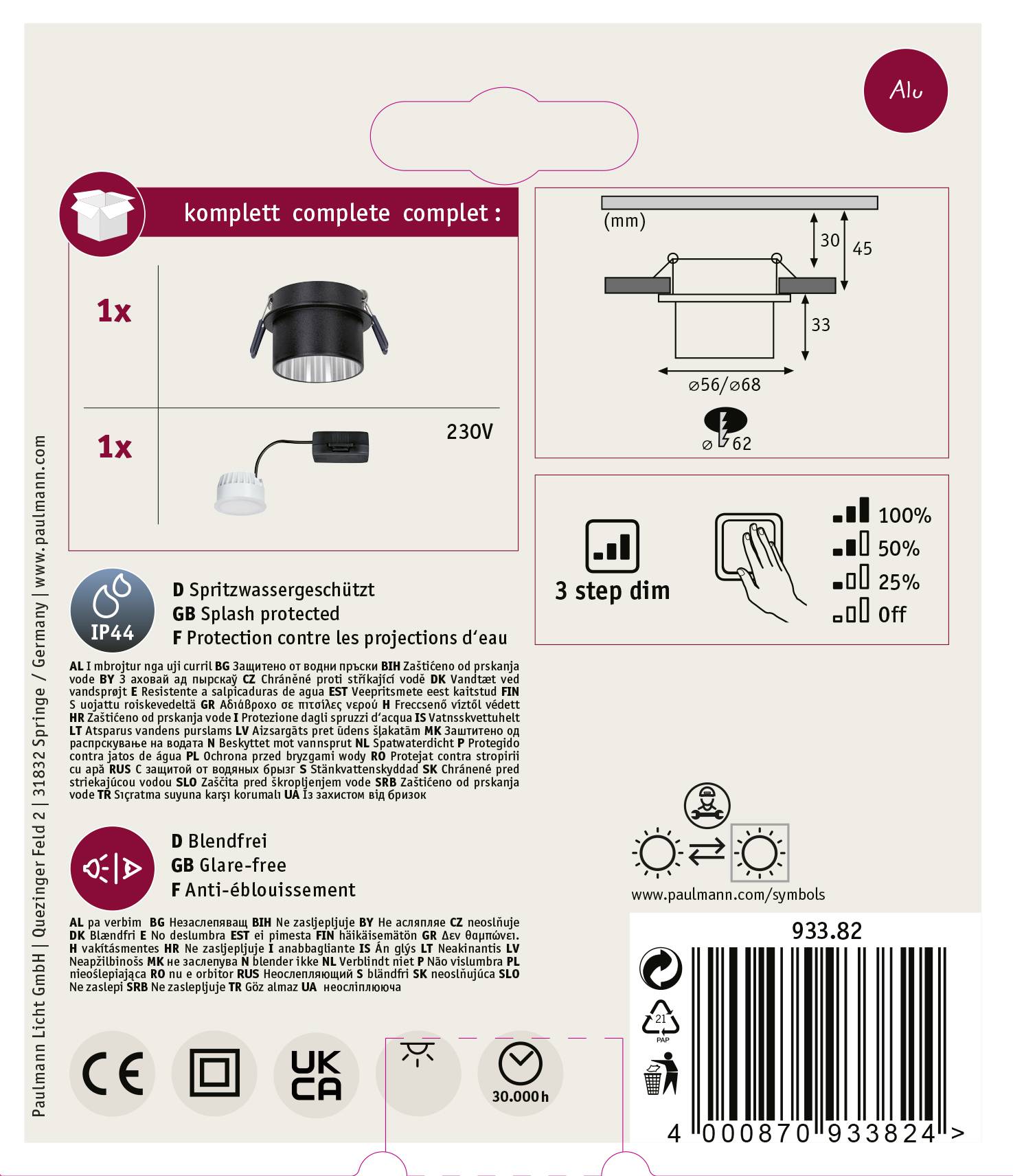Paulmann 93382 LED-Einbauleuchte Leuchtmittel Bausatz Glas LED fest eingebaut 6.5W Weiß, Eisen