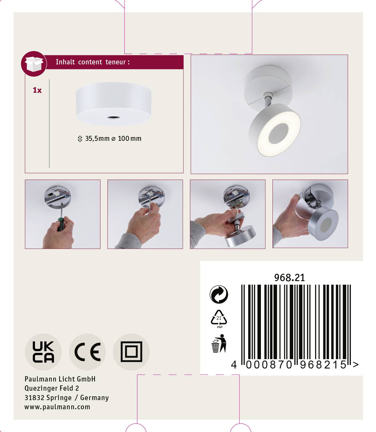 Paulmann Systemleuchte (Basis) URail Weiß