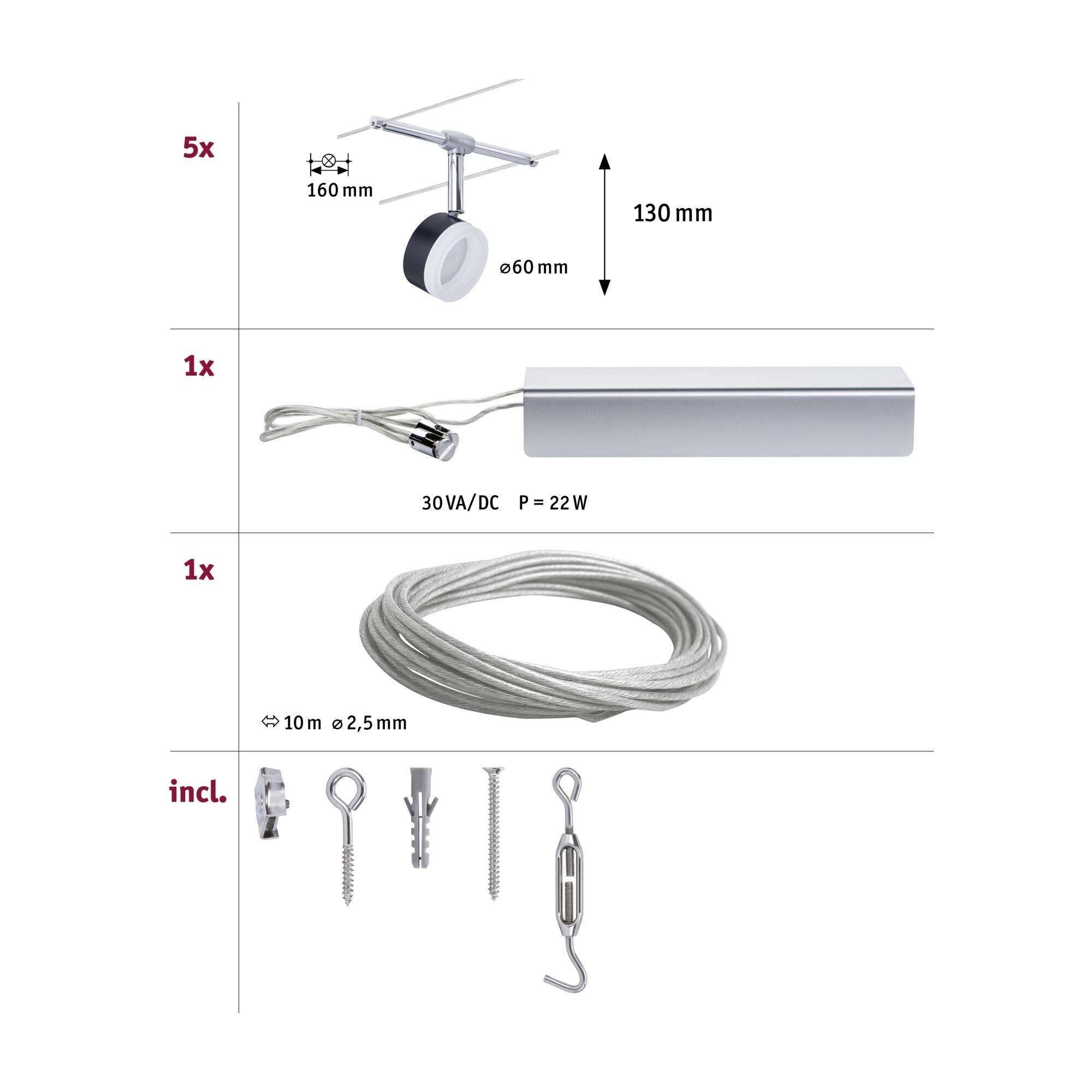 Paulmann 94457 Seil-Komplettsystem LED fest eingebaut LED Schwarz, Chrom
