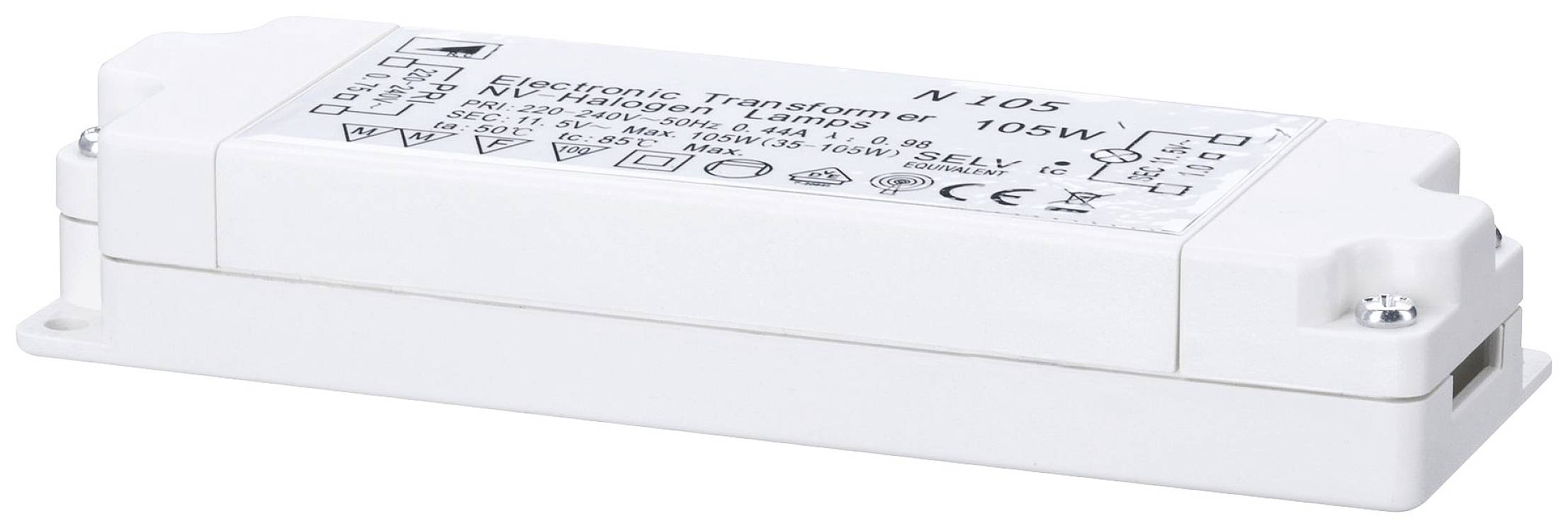 Ein rechteckiger elektronischer Transformator mit weißen Kunststoffgehäuse und aufgedruckten technischen Spezifikationen.