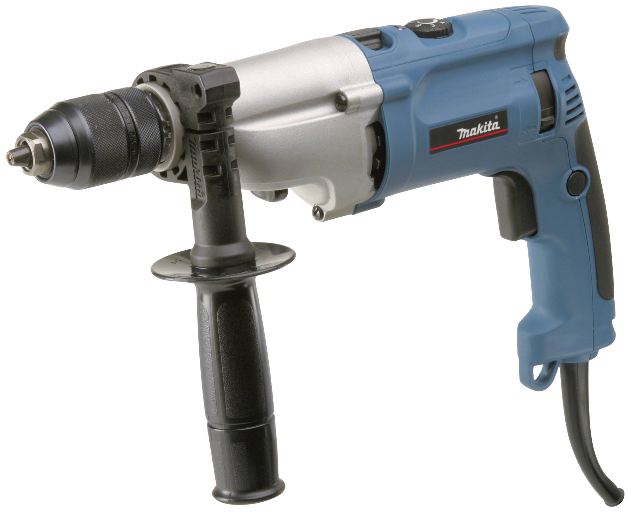 Elektrische Bohrmaschine mit blauem Gehäuse, schwarzem Griff und Metallbohrfutter.