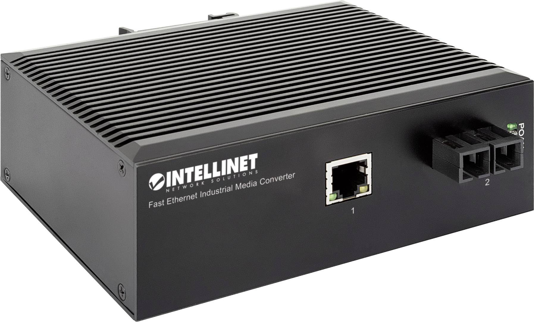 Ein schwarzer Fast Ethernet Industrial Media Converter von Intellinet mit Ethernet- und Glasfaseranschlüssen auf der Vorderseite.
