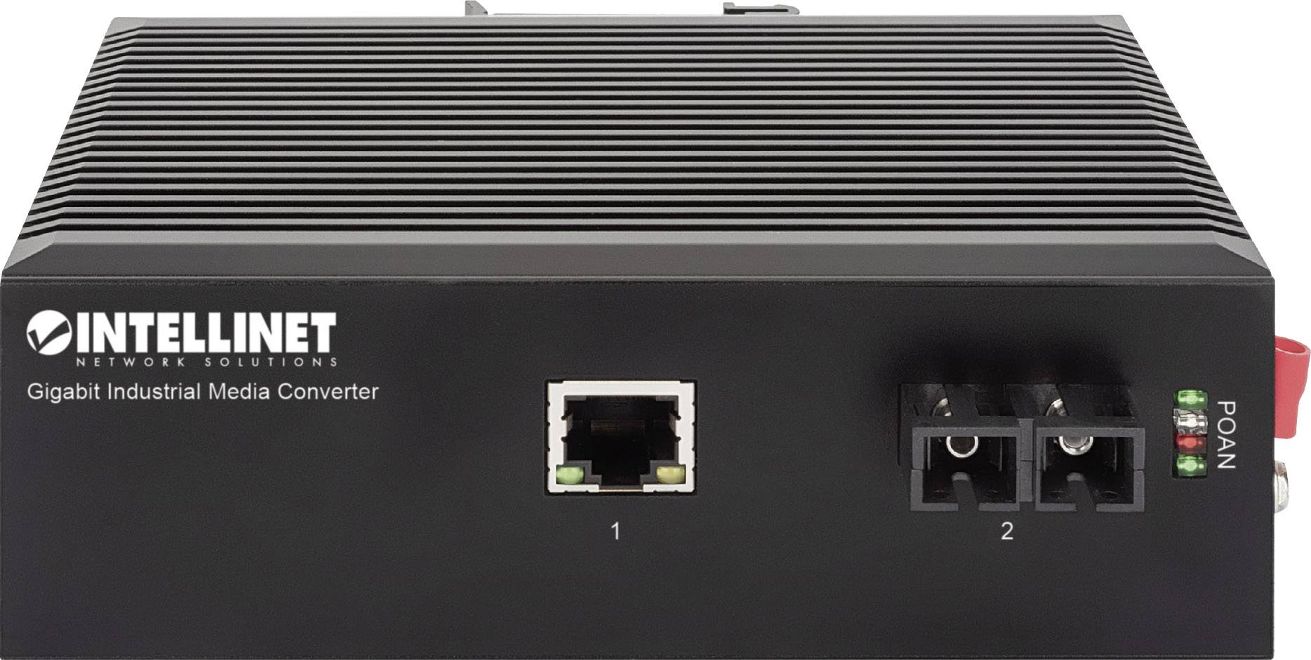 'Gigabit Industrial Media Converter' von Intellinet, schwarzes Gehäuse, zeigt einen Ethernet-Port und zwei LWL-Anschlüsse.
