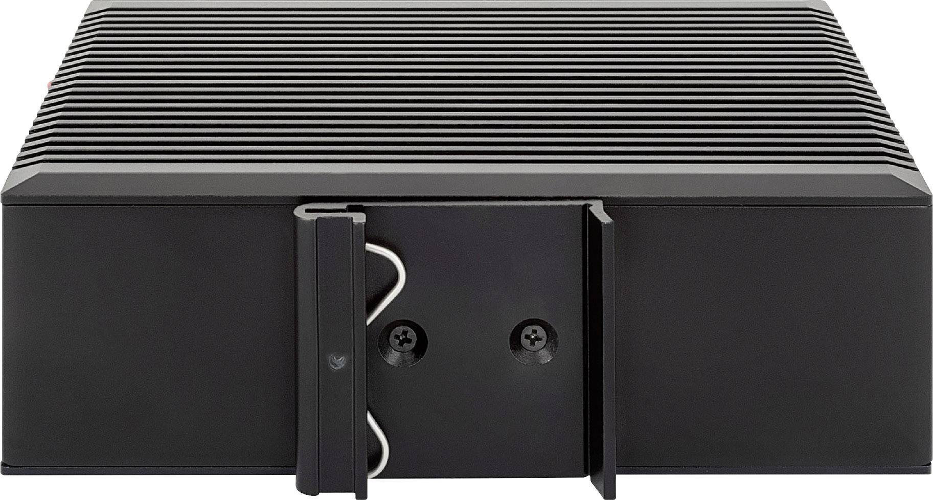 Schwarzer, rechteckiger, lüfterloser Industrie-PC mit gerippter Oberfläche für passive Kühlung, Vorderansicht mit zwei Schrauben.