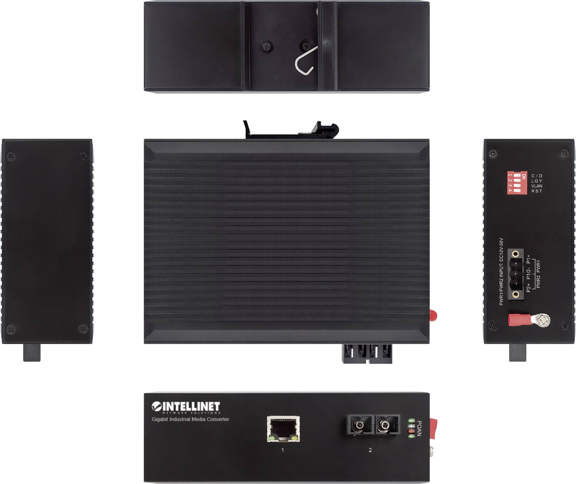 Industrie-Medienkonverter von Intellinet mit verschiedenen Anschlüssen und LED-Anzeigen, geeignet für Gigabit-Verbindungen.