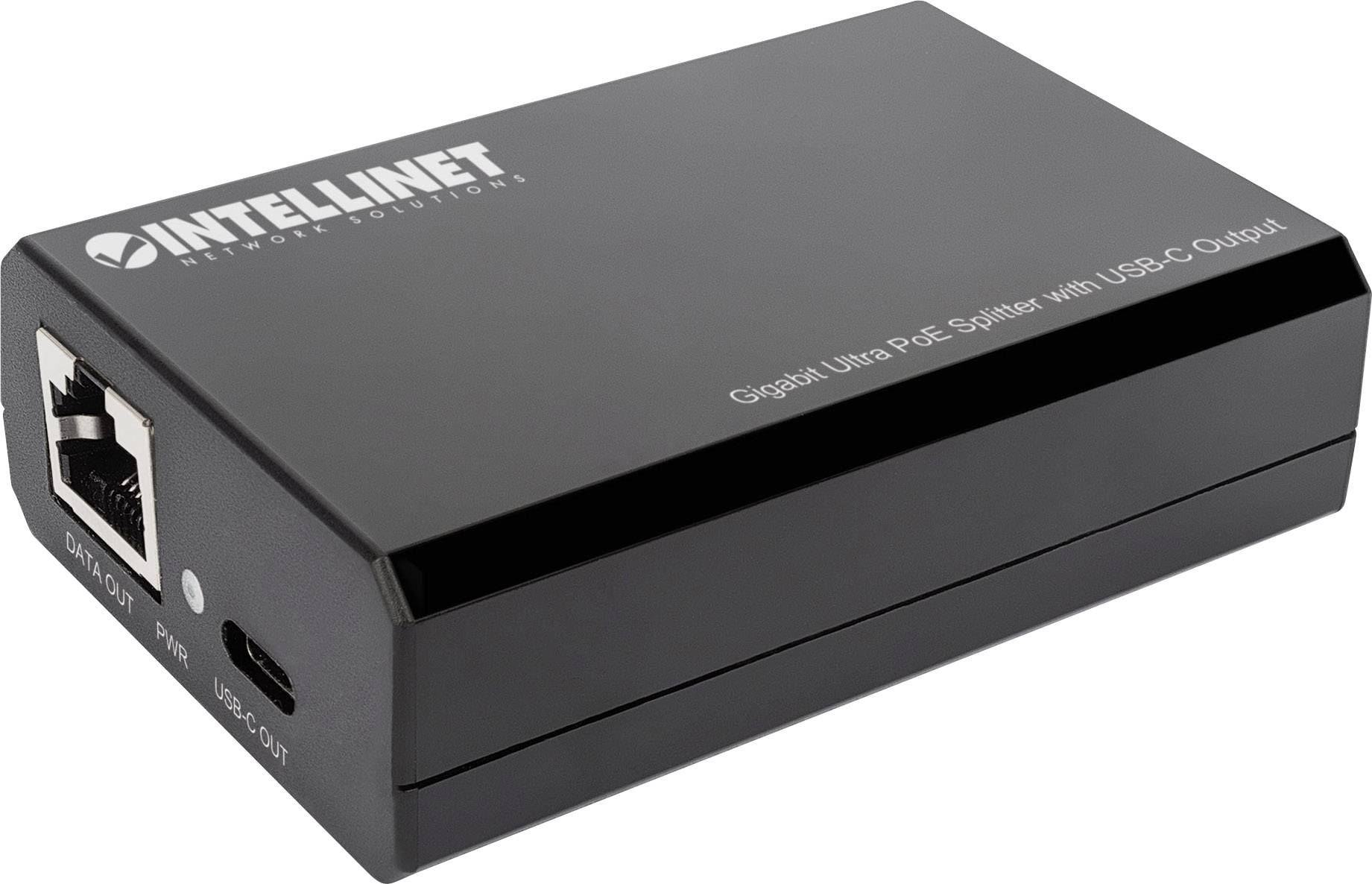 'INTELLINET Gigabit Ultra PoE Splitter mit USB-C-Ausgang', kleines schwarzes Gerät mit Ethernet- und USB-C-Anschlüssen.