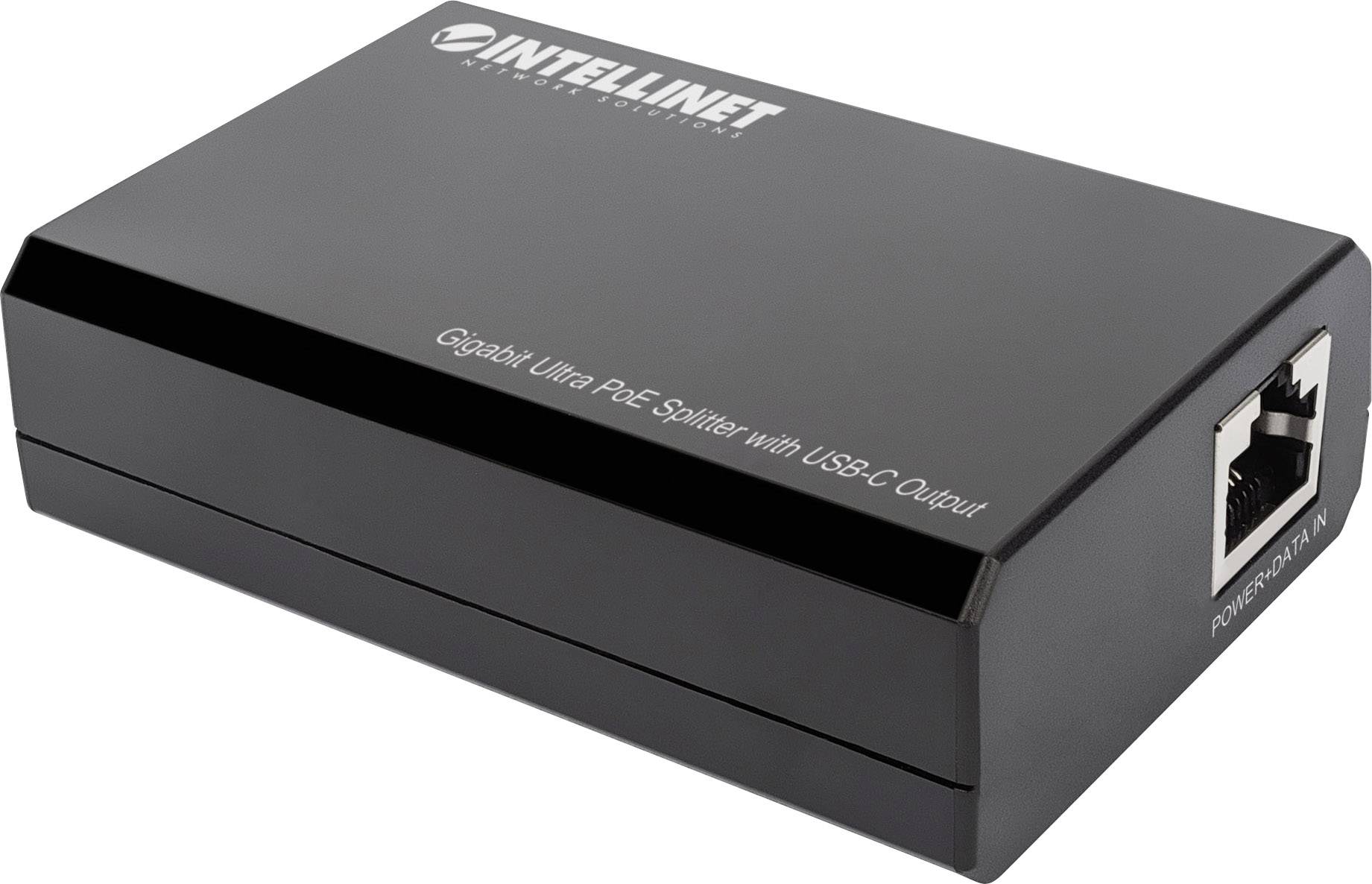 Schwarzer Gigabit PoE-Splitter von Intellinet mit USB-C-Ausgang. Hauptfunktion: Netzwerksignal und Stromversorgung trennen.