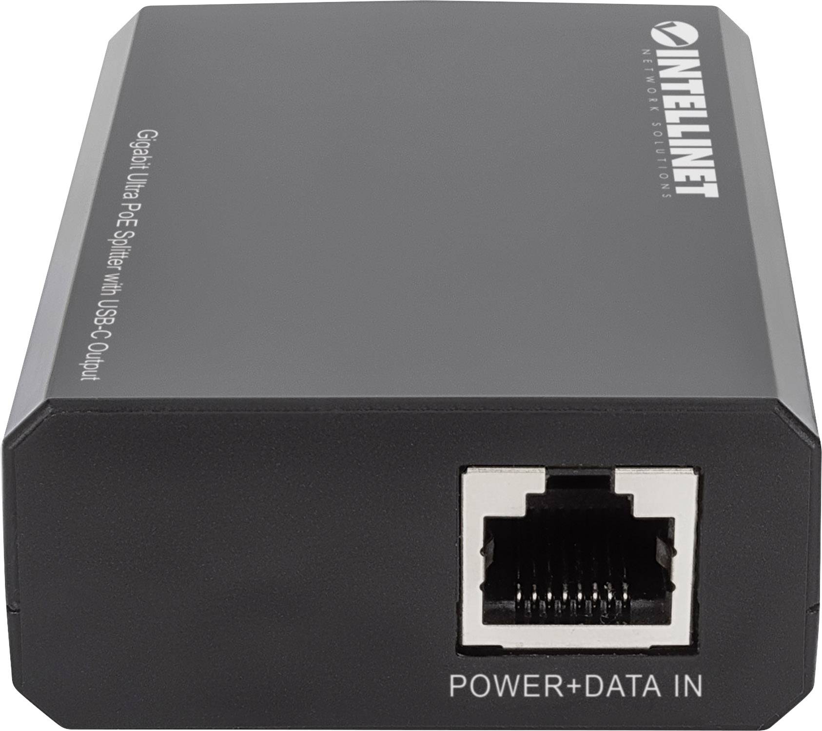 Ein schwarzer Gigabit-Ultra-PoE-Splitter von Intellinet mit USB-C-Ausgang und einem Ethernet-Anschluss für Strom- und Datenzufuhr.