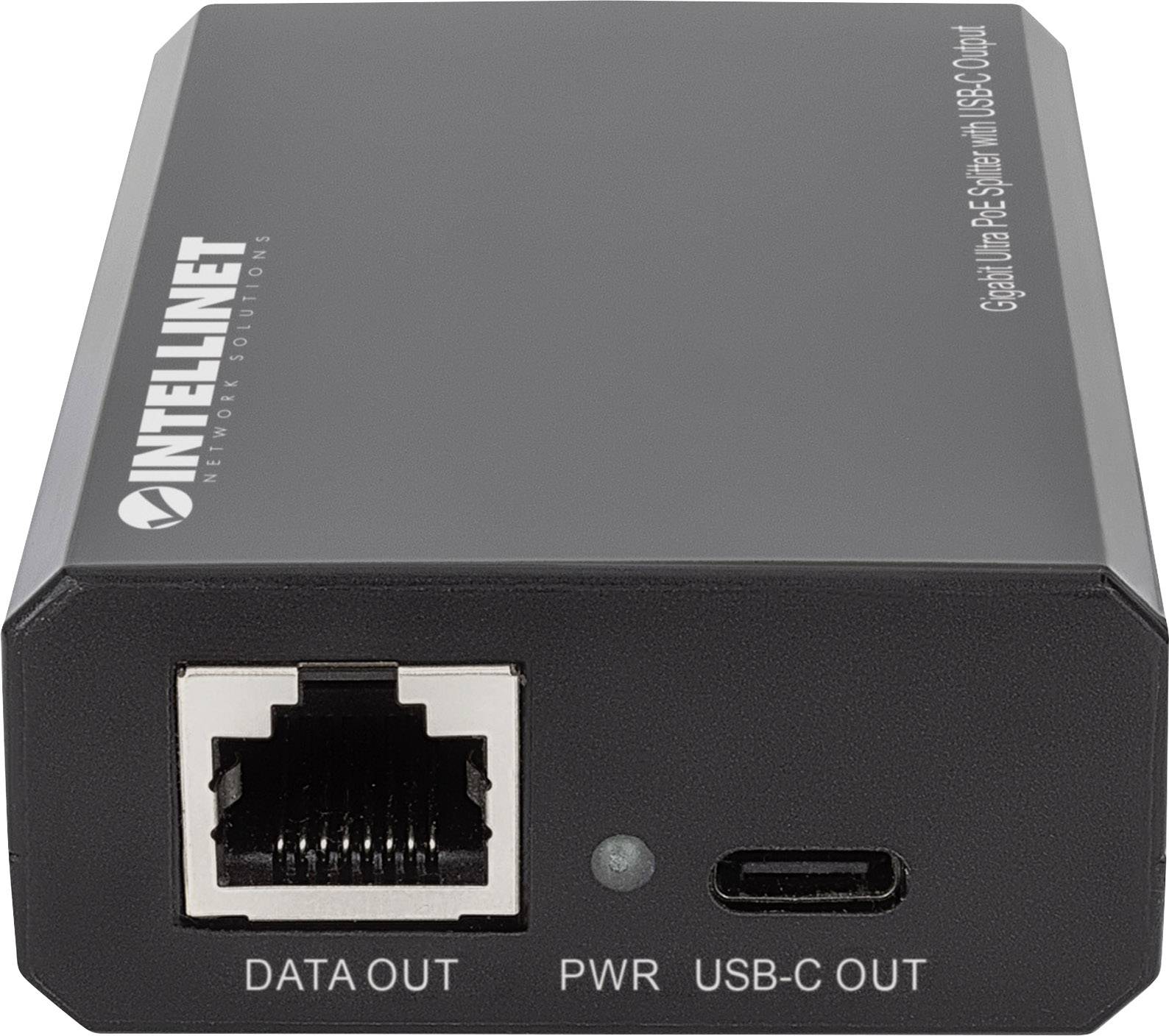 Ein schwarzer Ethernet-Adapter mit Anschlüssen für 'Data Out', 'Power' und 'USB-C Out', sowie dem 'Intellinet'-Logo.