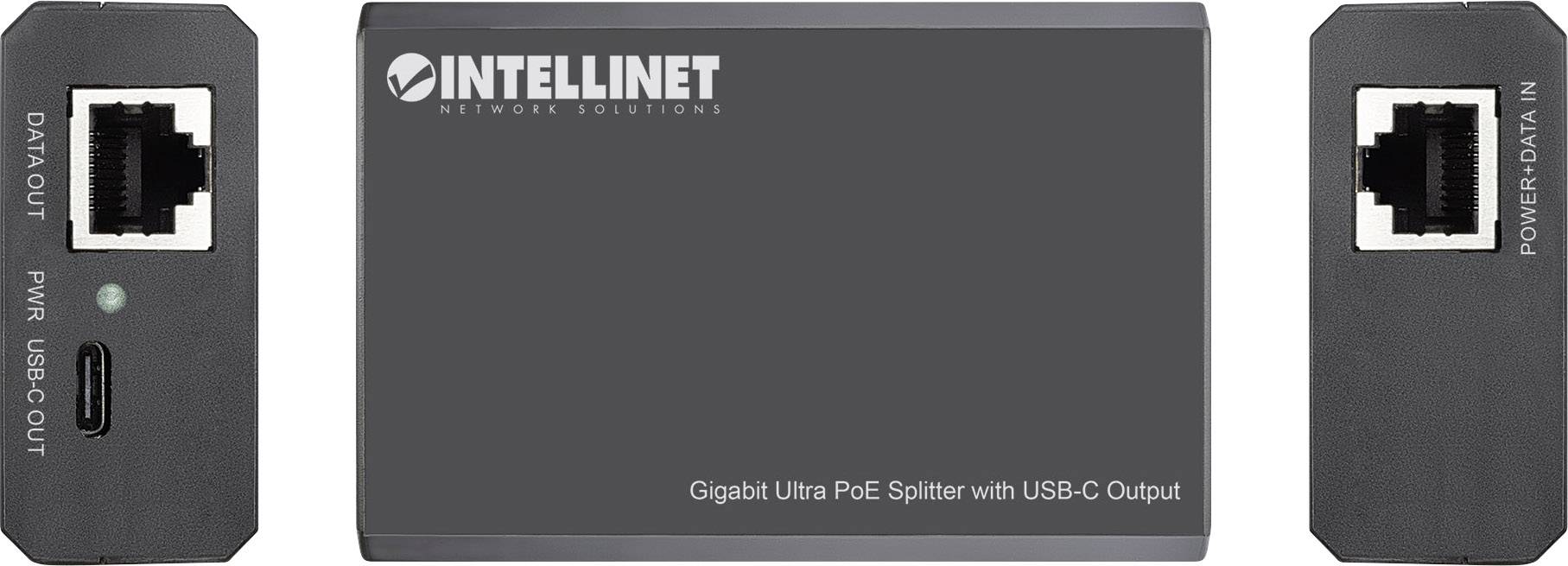 'INTELLINET Network Solutions' Gigabit Ultra PoE Splitter mit USB-C Ausgang. Links 'DATA OUT', USB-C Anschluss. Rechts 'POWER DATA IN'.