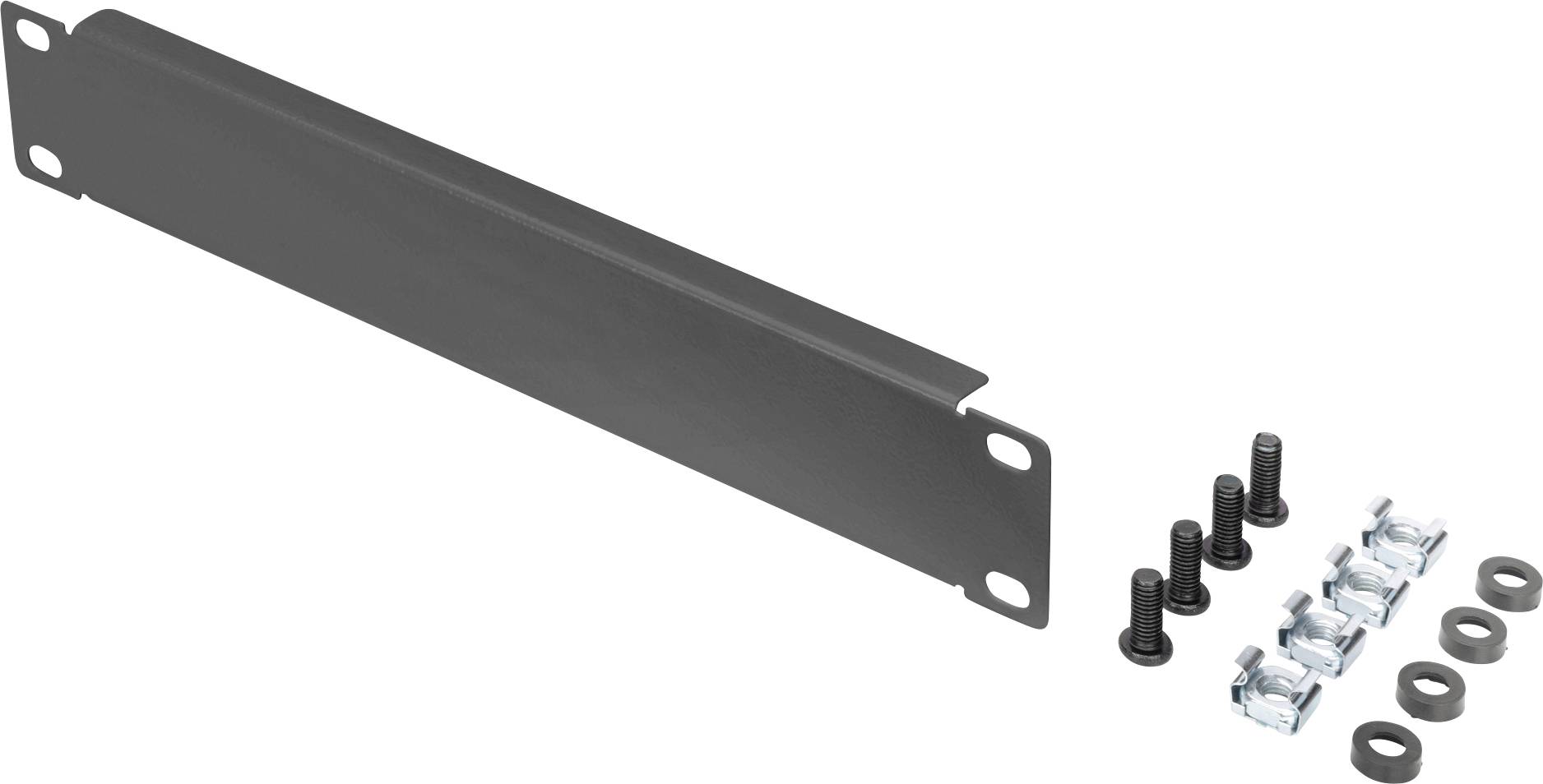 Schwarze Metallplatte mit mehreren Schrauben und Unterlegscheiben daneben, verwendet zur Befestigung in technischen oder industriellen Anwendungen.