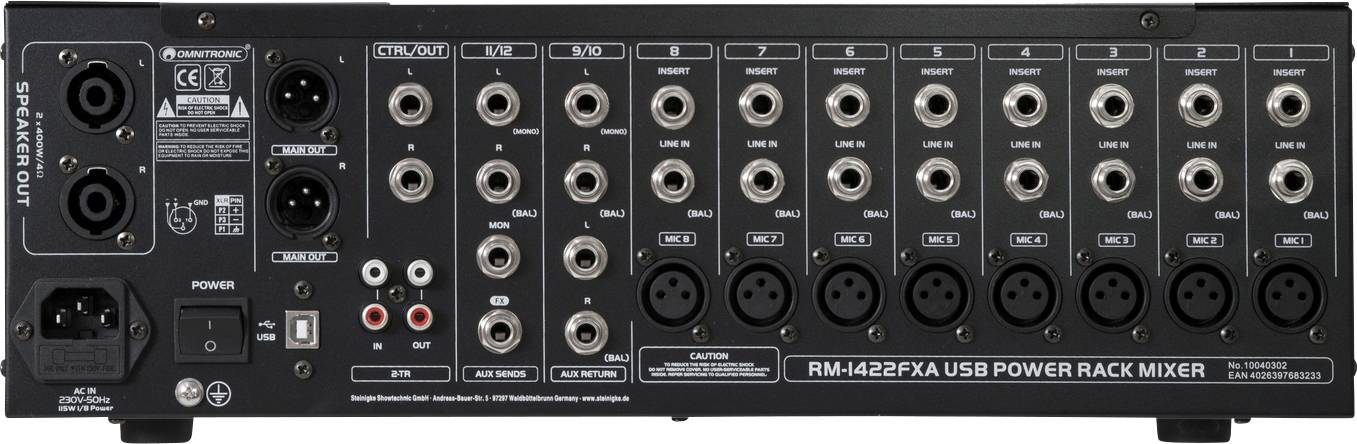 Omnitronic RM-1422FXA 2x 400 W Powermixer Kanäle:12 USB-Anschluss