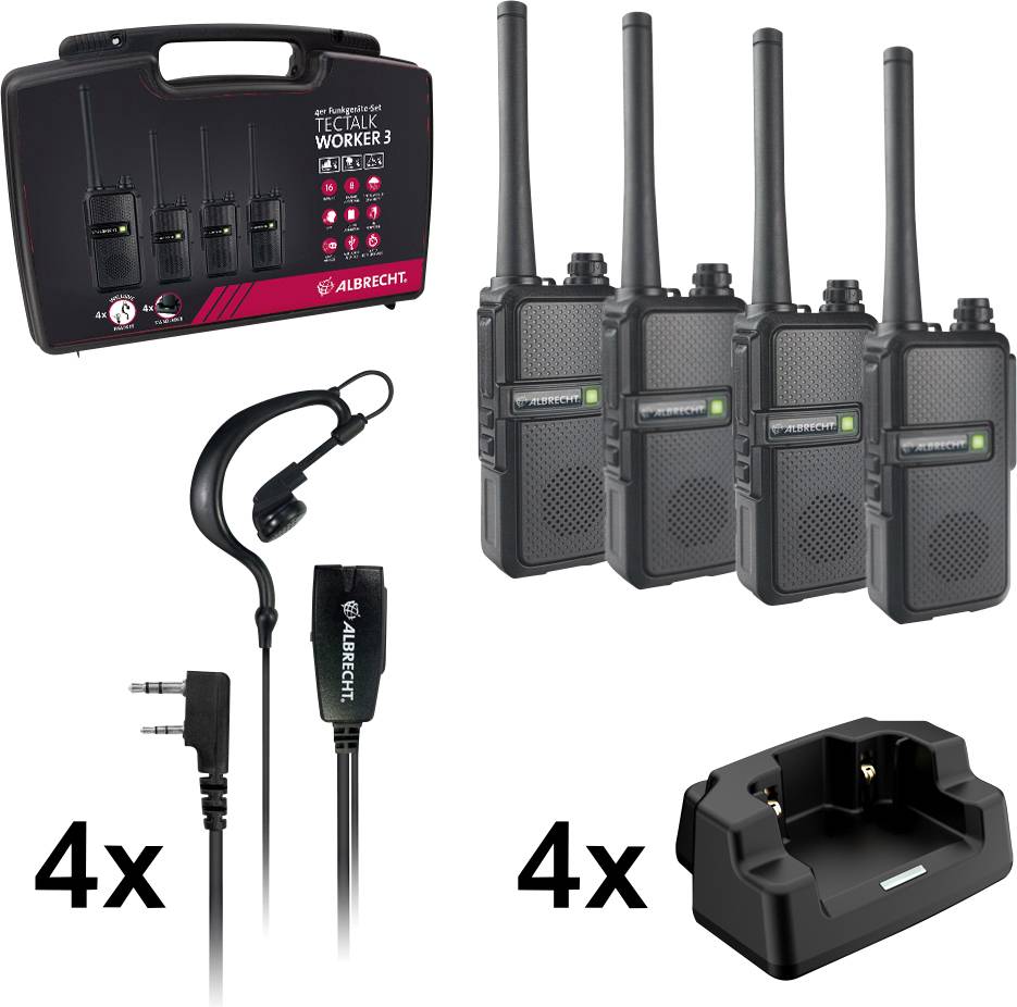 Vier schwarze Funkgeräte mit Zubehör: Headsets und Ladegeräte. Oben links ist die Verpackung mit der Aufschrift 'Tectalk Worker 3'.