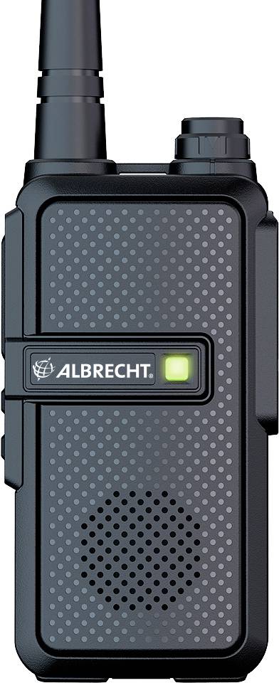 Ein tragbares Walkie-Talkie mit der Aufschrift 'ALBRECHT' und einem leuchtenden grünen Licht auf der Vorderseite.