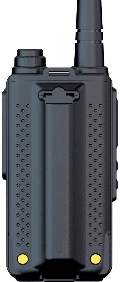 Walkie-Talkie in Nahaufnahme, von hinten betrachtet. Schwarzes Gehäuse mit Details wie Antenne und Befestigungsklammer sichtbar.