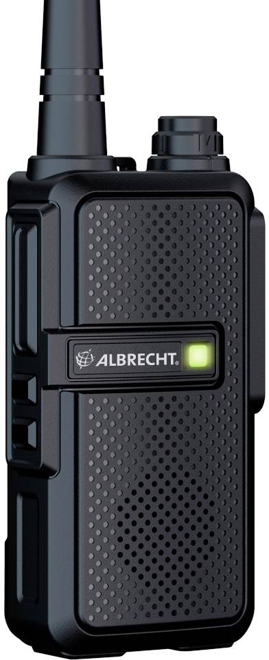 Schwarz-gepunktetes Funkgerät mit Antenne, beleuchtetem grünen Indikator und der Aufschrift 'ALBRECHT' im Vordergrund.