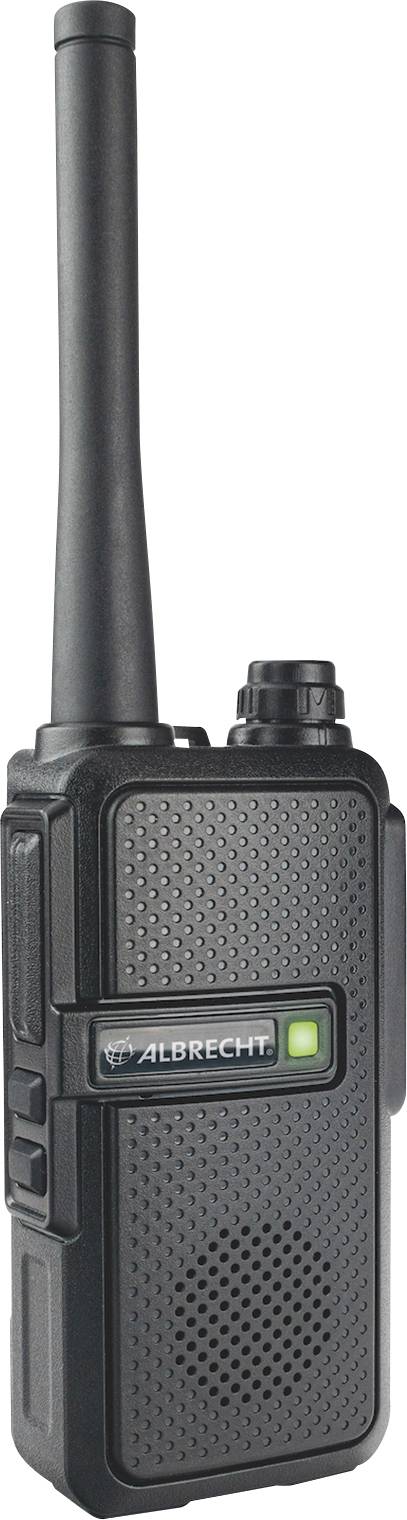 Ein schwarzes Walkie-Talkie der Marke Albrecht mit langer Antenne und grünem Indikatorlicht.