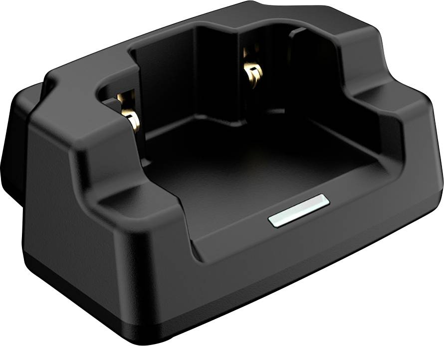 Schwarze Plastikladestation mit zwei metallischen Kontakten, in die ein Gerät eingelegt werden kann.