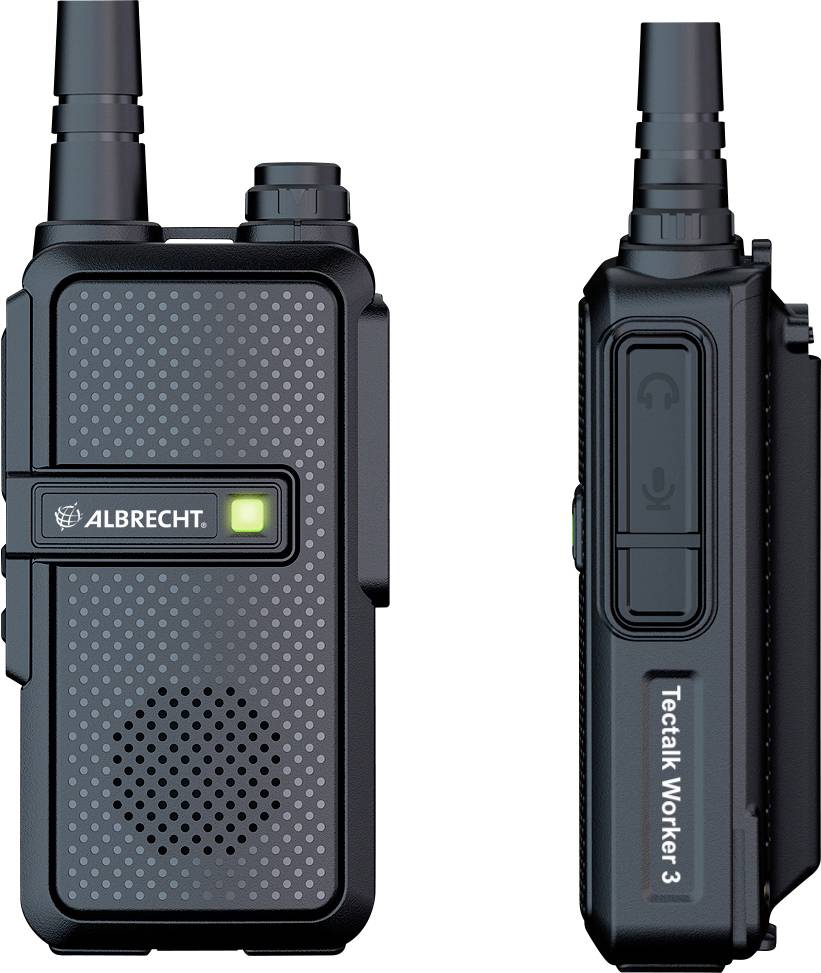 Zwei Ansichten eines schwarzen Walkie-Talkies von Albrecht. Linke Ansicht mit Lautsprecher und grüner LED-Anzeige. Rechte Ansicht mit Seitentasten.