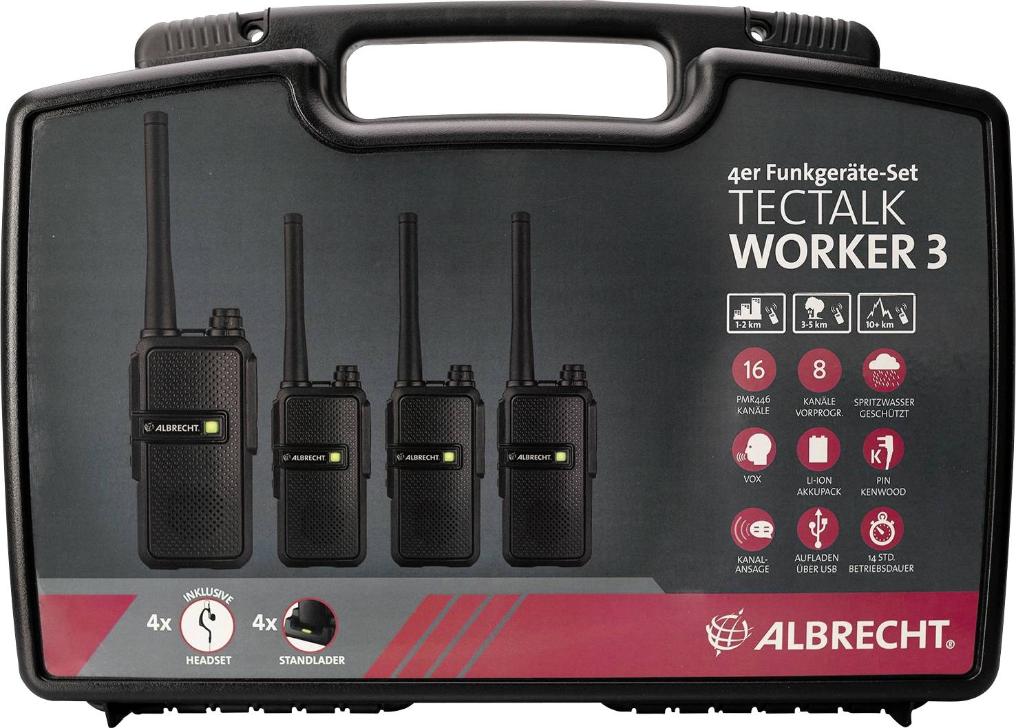 Koffer mit 4 Funkgeräten 'TECTALK WORKER 3' von Albrecht. Enthält Headset, Standardlader. 16 Kanäle, 9 km Reichweite, spritzwassergeschützt.