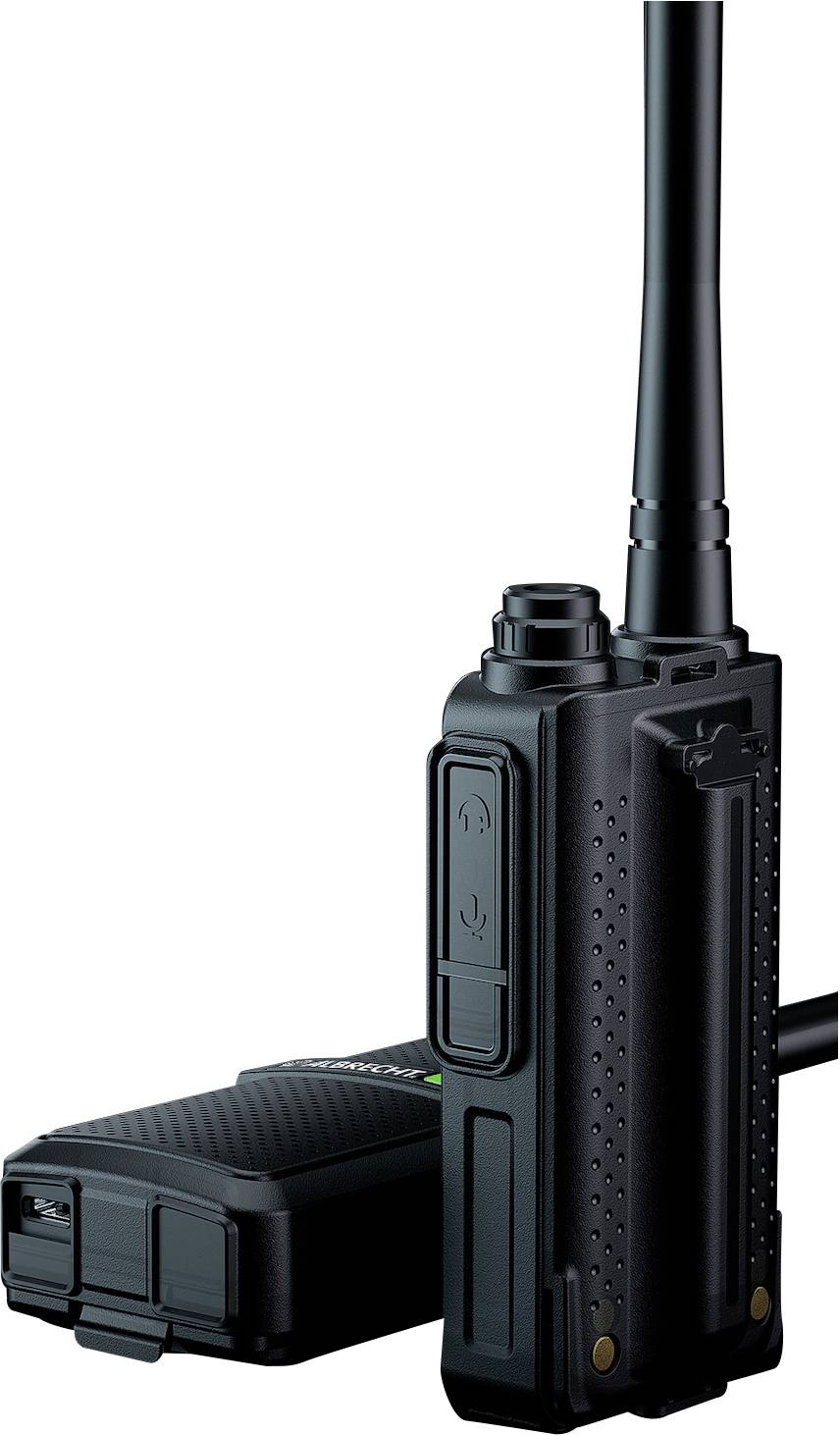 Ein schwarzes Funkgerät mit langer Antenne, stehend aufrecht. Neben ihm liegt ein geöffneter Batteriefachdeckel.