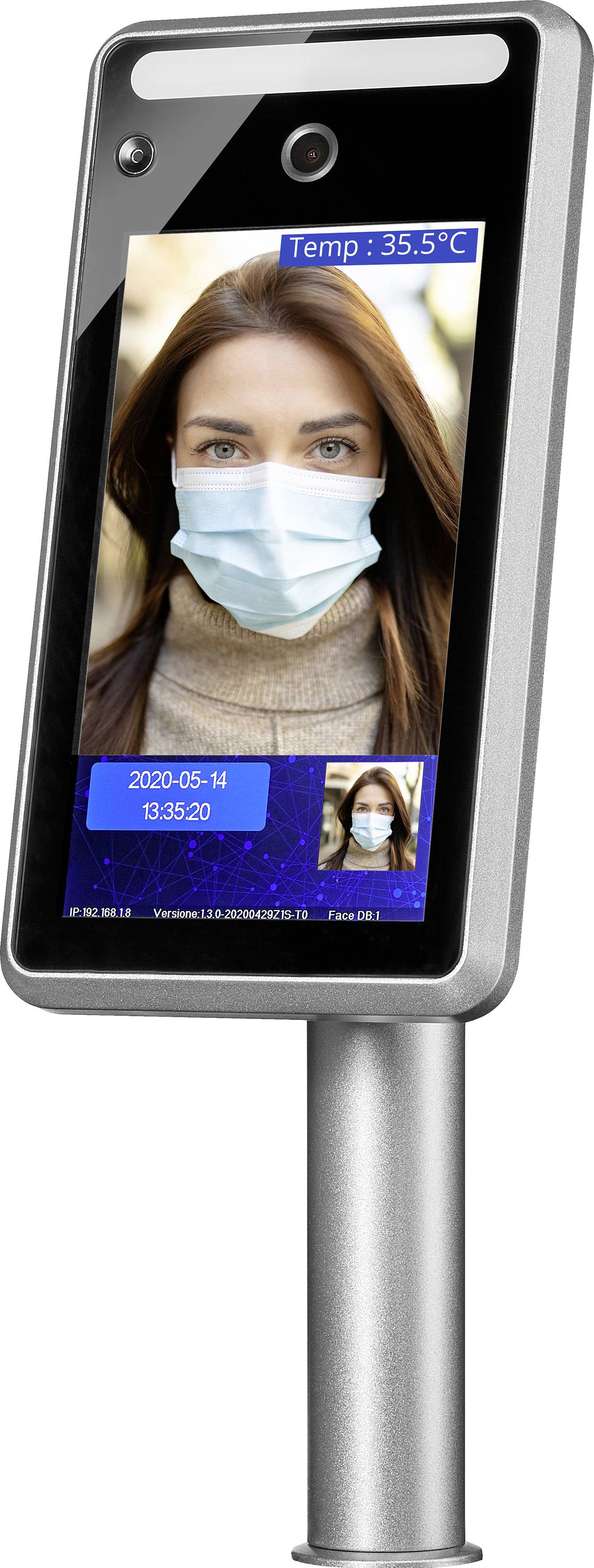Ein digitaler Temperaturscanner zeigt das Gesicht einer maskierten Person mit einer Temperaturanzeige von 35,5°C auf dem Bildschirm.