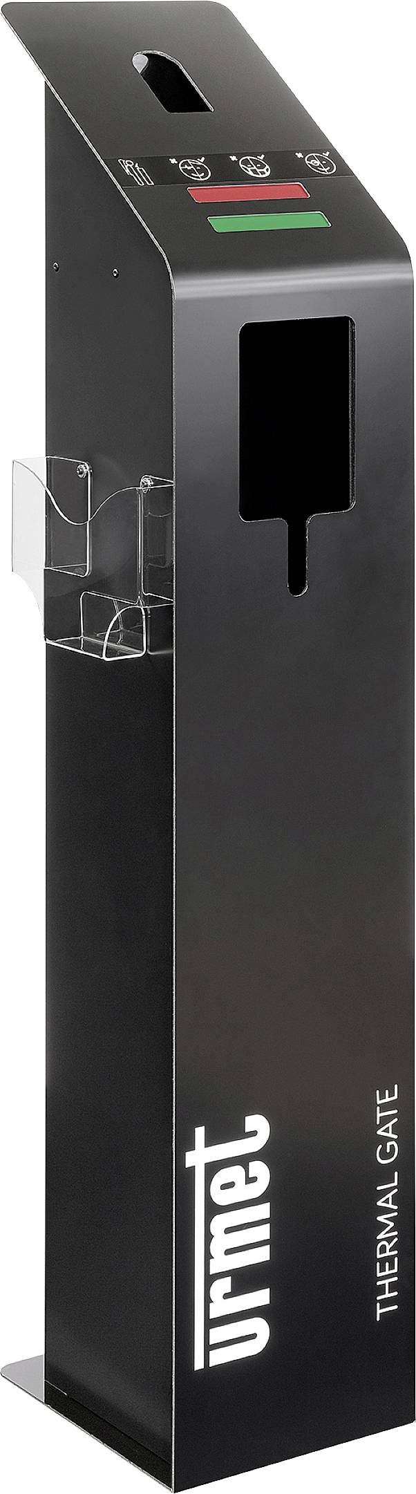 Schwarzer Thermoscanner mit Display und Sensor, der 'Urmet Thermal Gate' zeigt. Verwendet für Temperaturmessung in öffentlichen Bereichen.