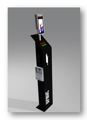 Ein schwarzer, aufrechter Bildschirmständer mit einem Monitor oben, einem Kartenleser in der Mitte und einem USB-Anschluss darunter.