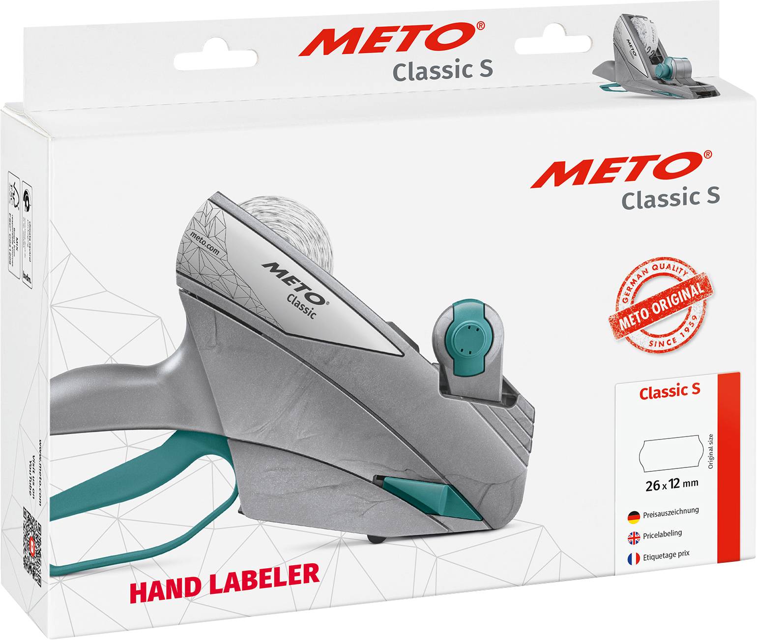 Handetikettiergerät 'Classic S' von Meto, verpackt in einer Box mit Details zur Größe und Anwendung, geeignet für Preisbeschriftung.