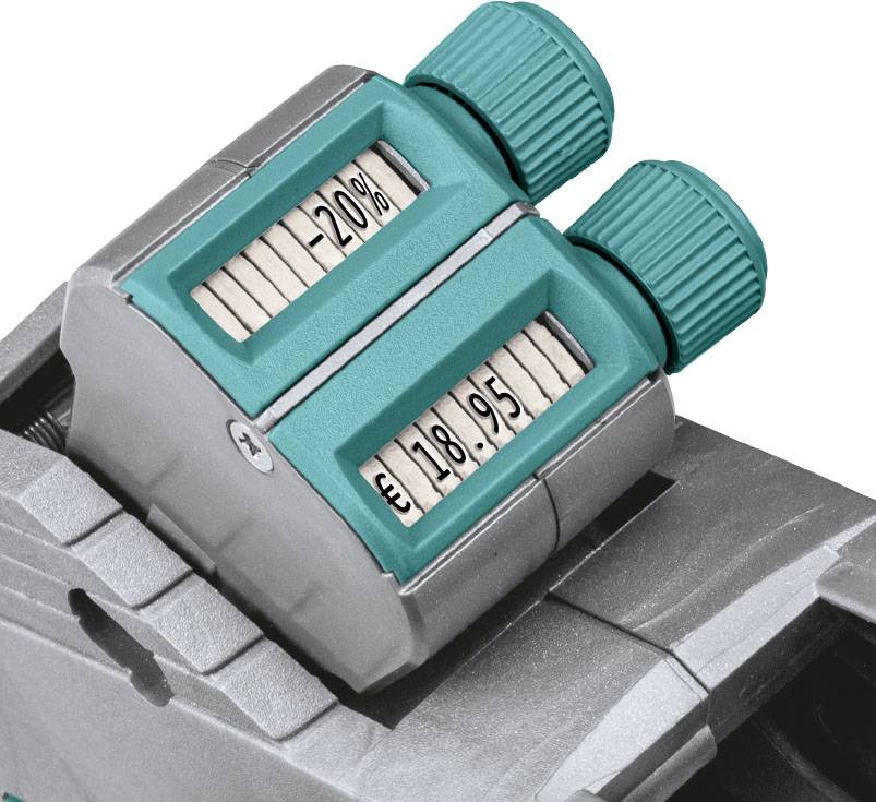 'Display eines Geräts mit zwei grünen Reglern, die '-20%' und 'EUR 18.95' zeigen.'