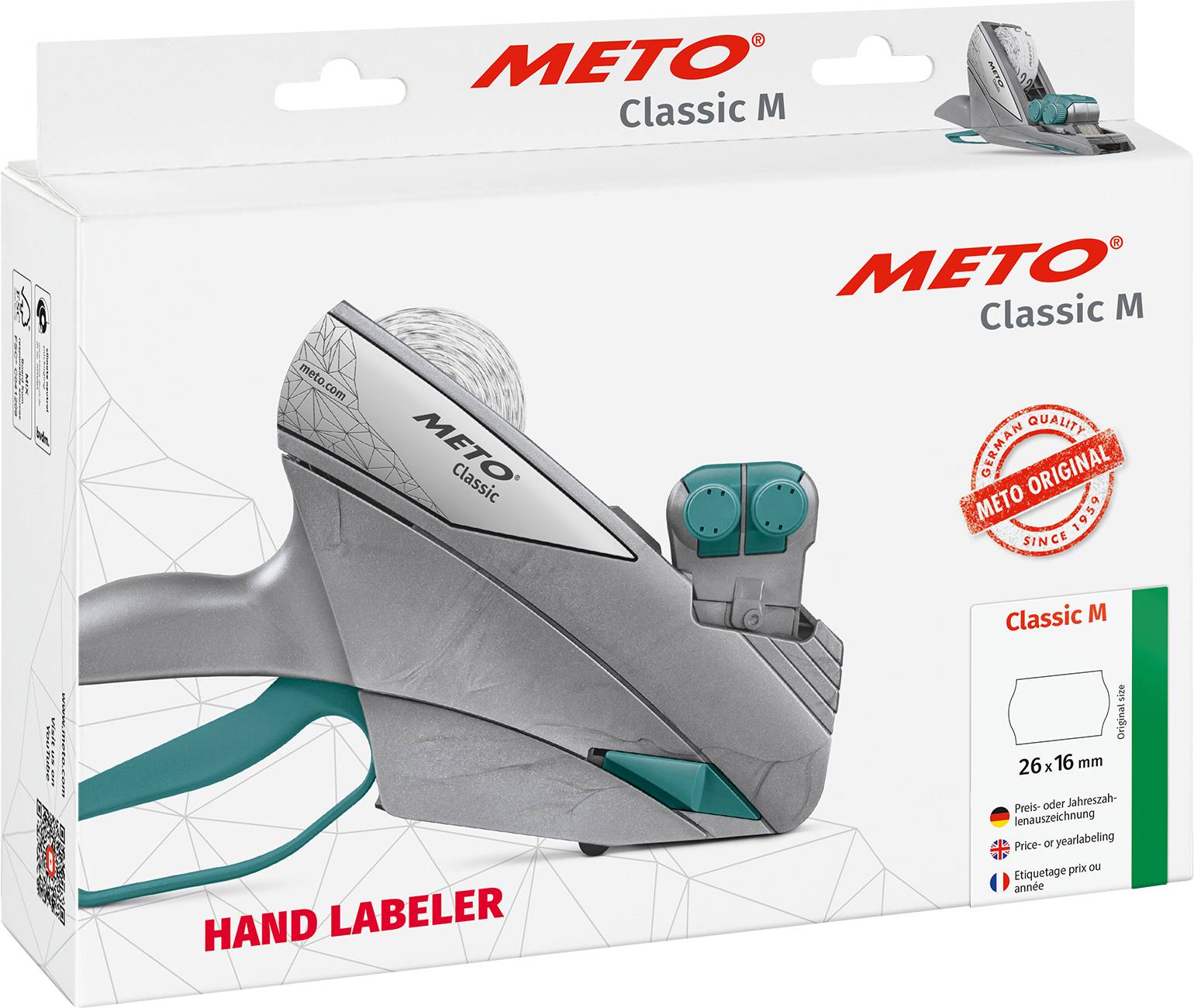 'METO Classic M' Handetikettierer-Verpackung mit Bild des Produkts, farbigen Funktionen und Etikettengröße 26x16 mm.
