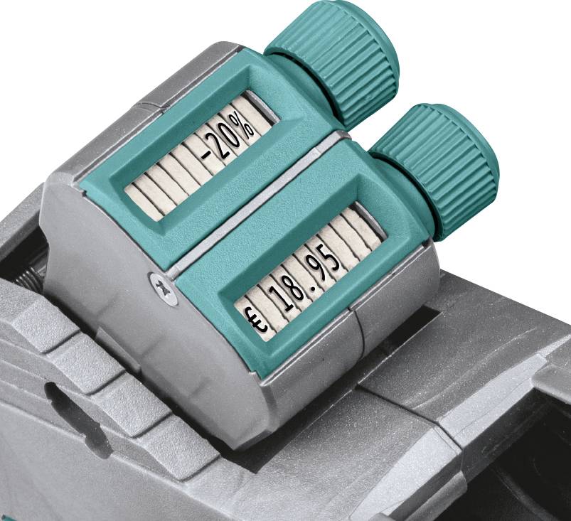 Digitales Anzeigeninstrument mit zwei Skalen: Oben '-20%', unten 'EUR 18.95'. Zeigt Preis und Rabatt an. Graues Gehäuse, grüne Knöpfe.