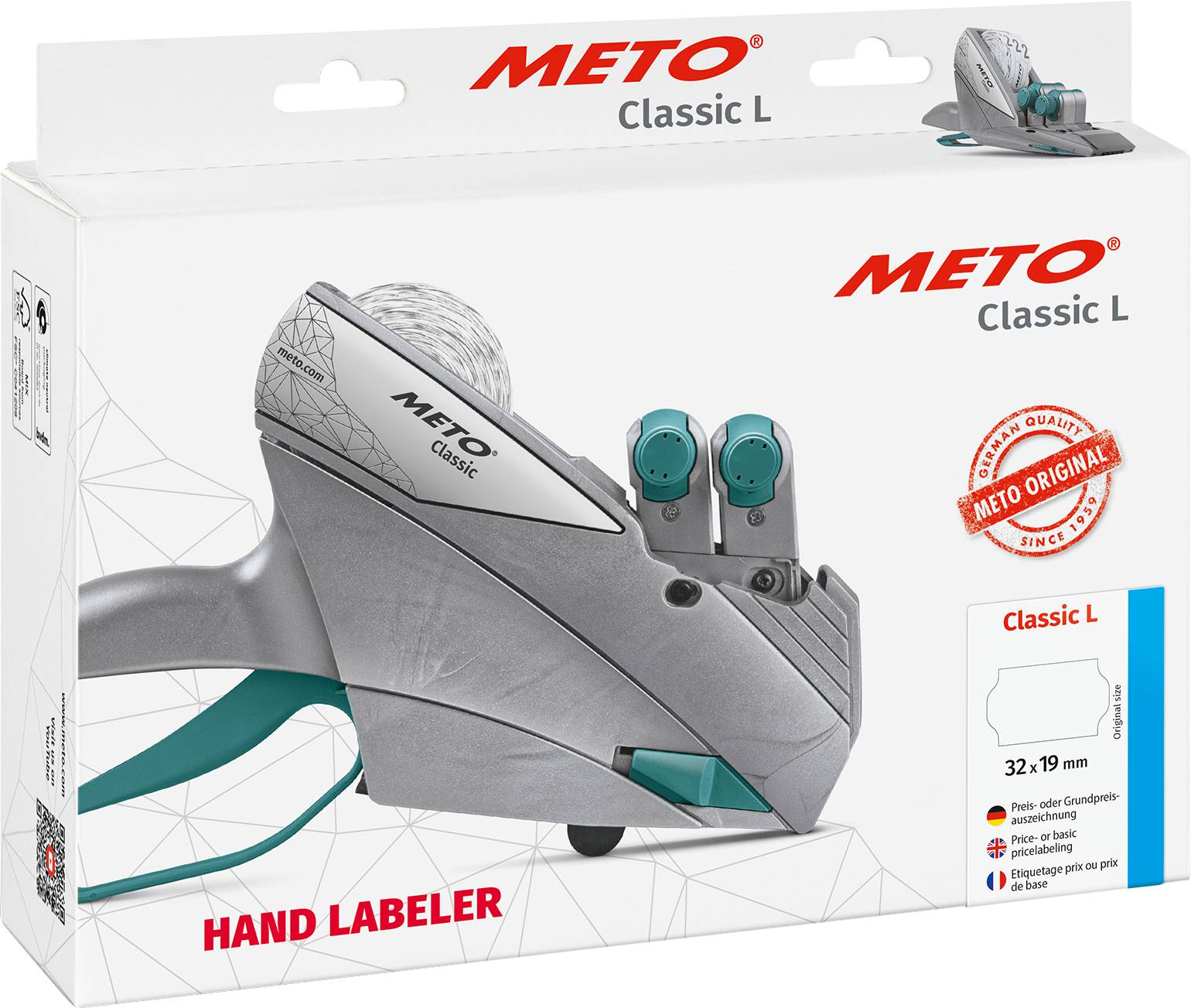 'Meto Classic L' Handetikettiergerät-Verpackung, graues Gerät mit blauen Knöpfen, geeignet zum schnellen Anbringen von Preisetiketten.