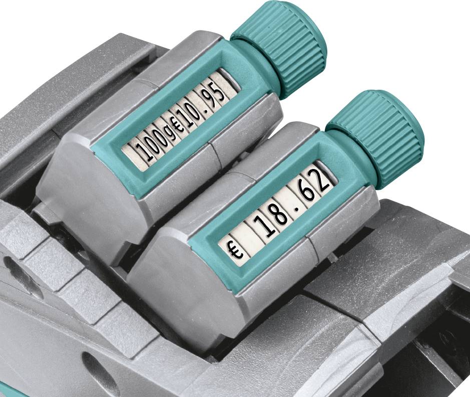 Nahaufnahme eines mechanischen Zählwerks mit zwei blauen Drehknöpfen, die Preise in Euro anzeigen: '10,95' und '18,62'.