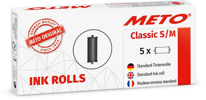 Schachtel mit 5 Standard-Tintenrollen von METO, Classic S/M. Entspricht deutscher Qualität. Verpackung zeigt Produktbild und Länderflaggen.