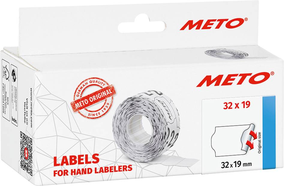 Verpackung einer Etikettenrolle für Handetikettierer der Marke METO, Größe 32x19 mm. Produkt ist für Preisauszeichnung gedacht.